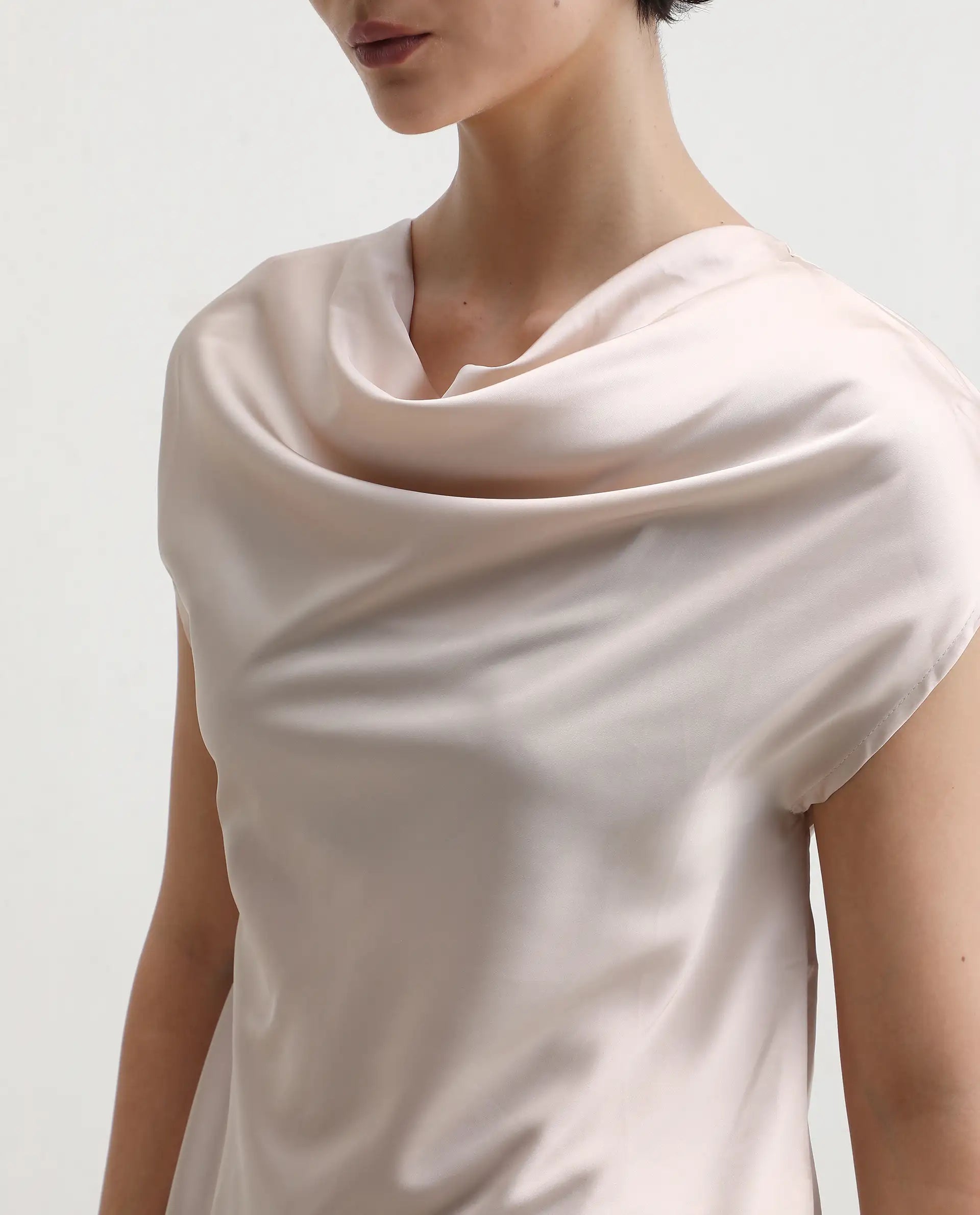 Rareism Women's Hawter Beige Polyester Cowl Neck Plain Cap Sleeve Regular Fit Top