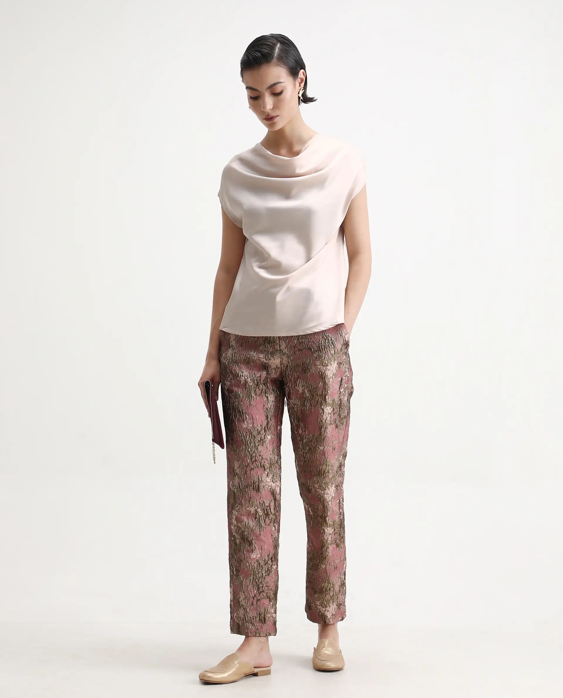 Rareism Women's Hawter Beige Polyester Cowl Neck Plain Cap Sleeve Regular Fit Top