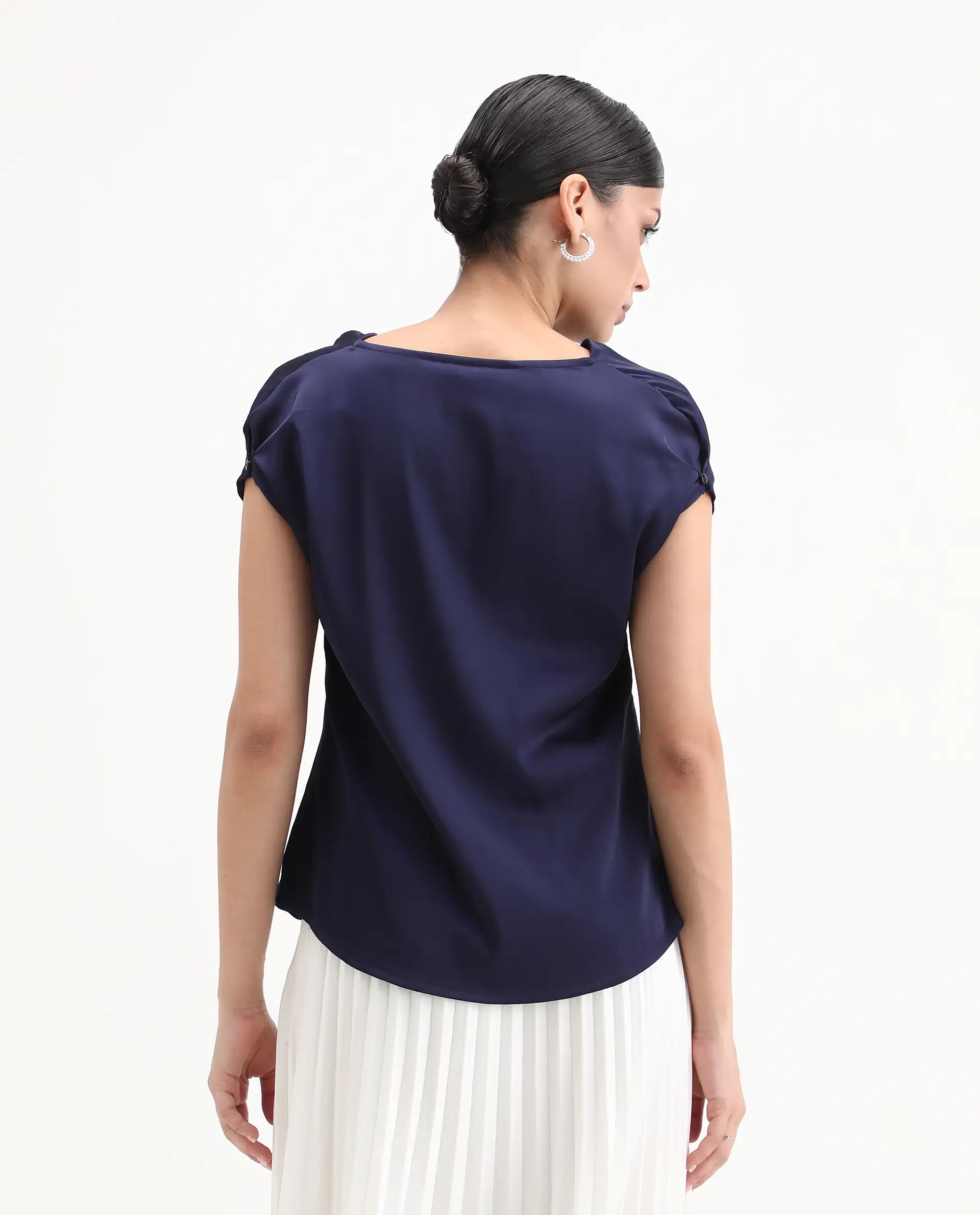 Rareism Women's Hawter Navy Polyester Cowl Neck Plain Cap Sleeve Regular Fit Top