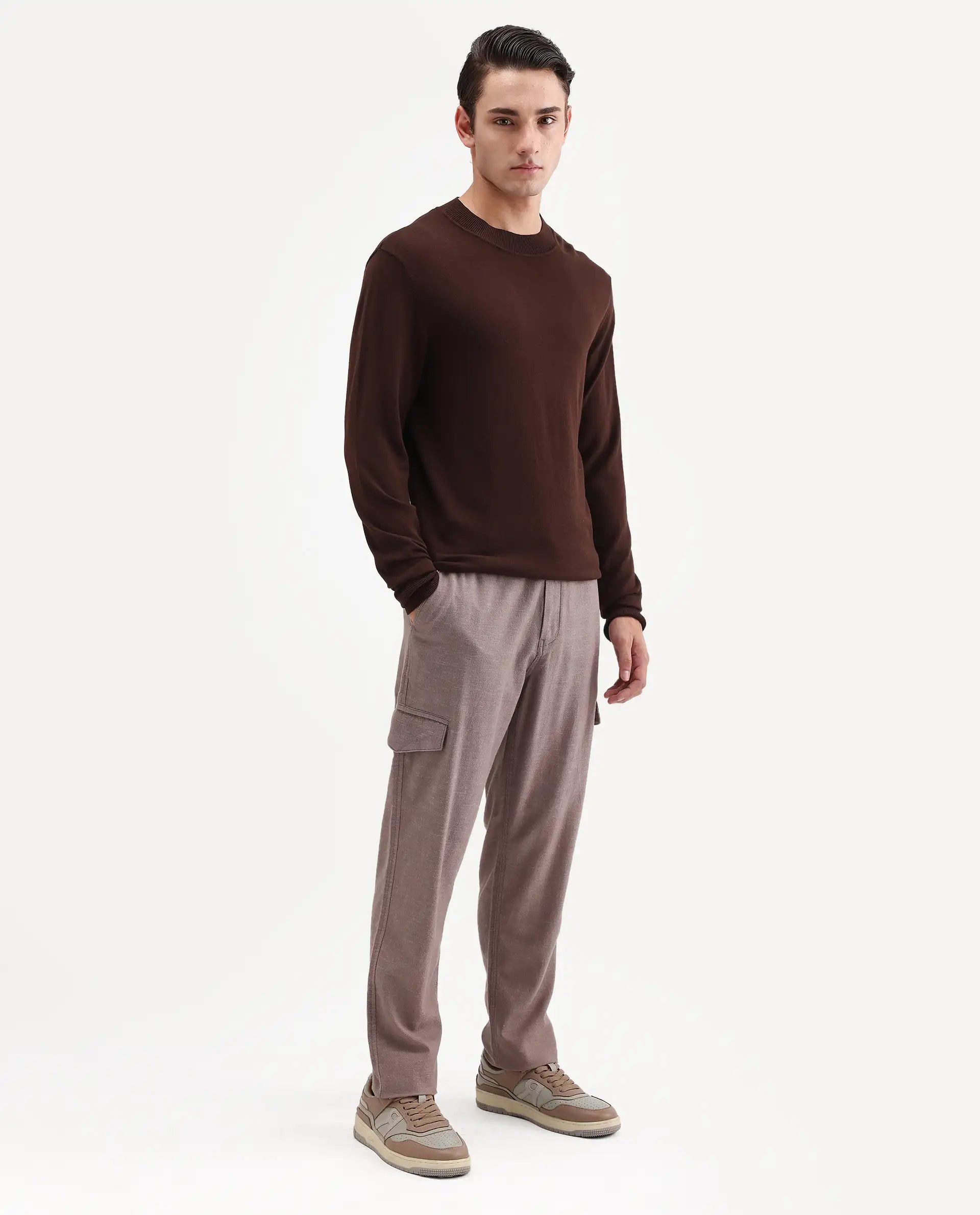 Rare Rabbit Men's Haxlr-B Dusky Brown Cotton Blend Fabric Regular Fit Plain Cargo Trouser