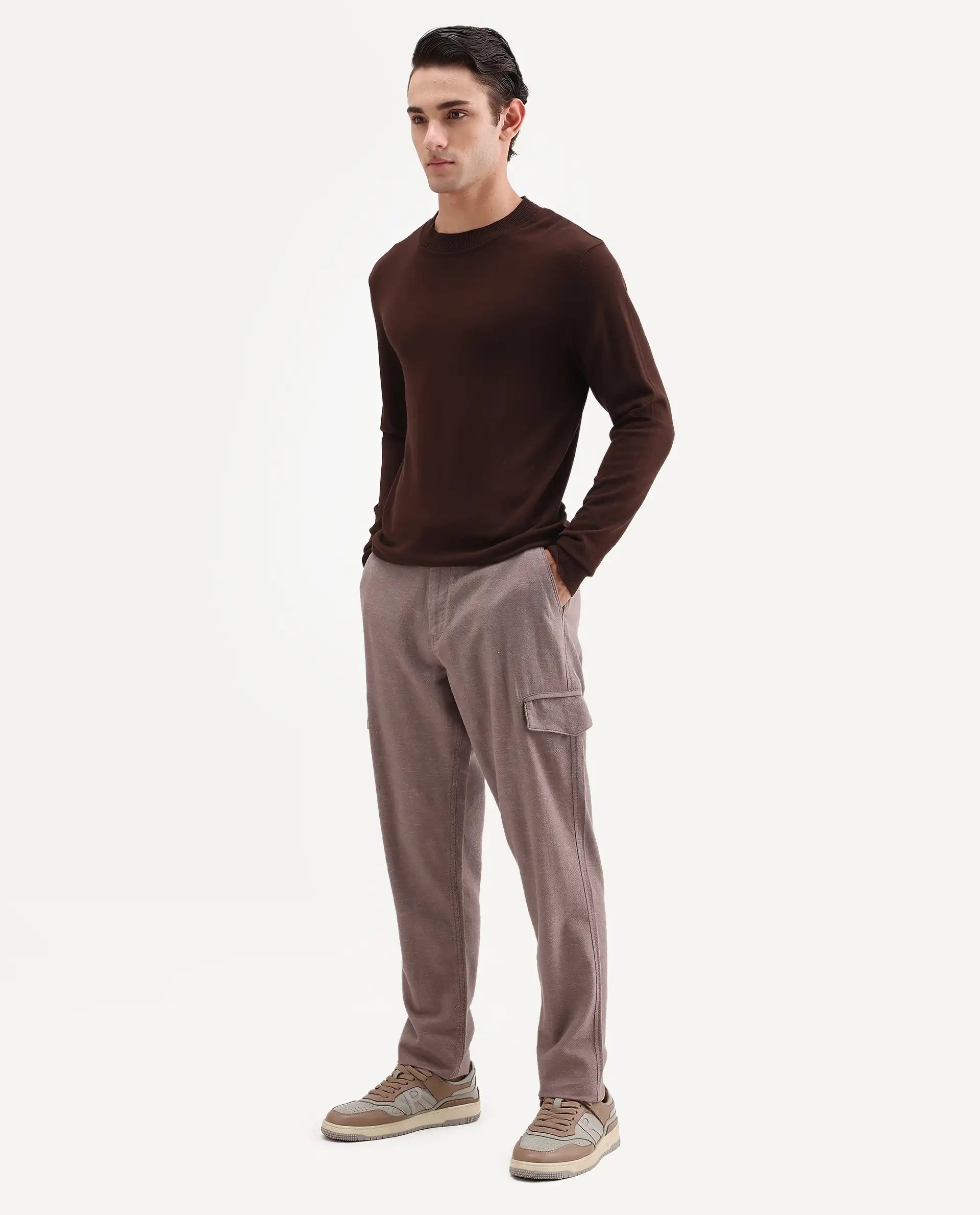 Rare Rabbit Men's Haxlr-B Dusky Brown Cotton Blend Fabric Regular Fit Plain Cargo Trouser