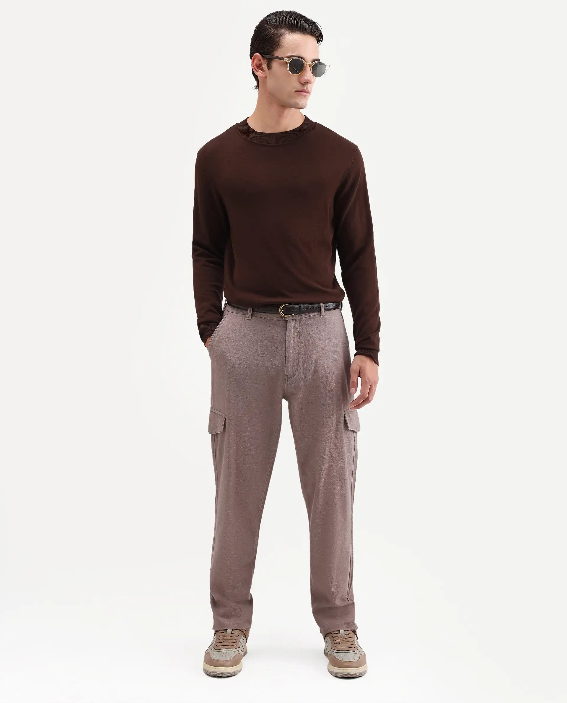 Rare Rabbit Men's Haxlr-B Dusky Brown Cotton Blend Fabric Regular Fit Plain Cargo Trouser