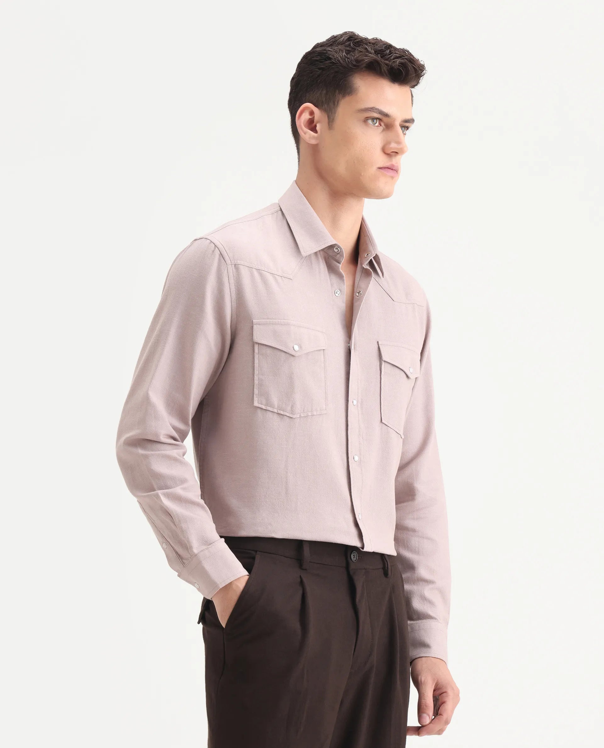 Rare Rabbit Men's Haxlr-25 Dusky Pink Cotton Blend Plain Regular Fit Full Sleeve Collared Shirt