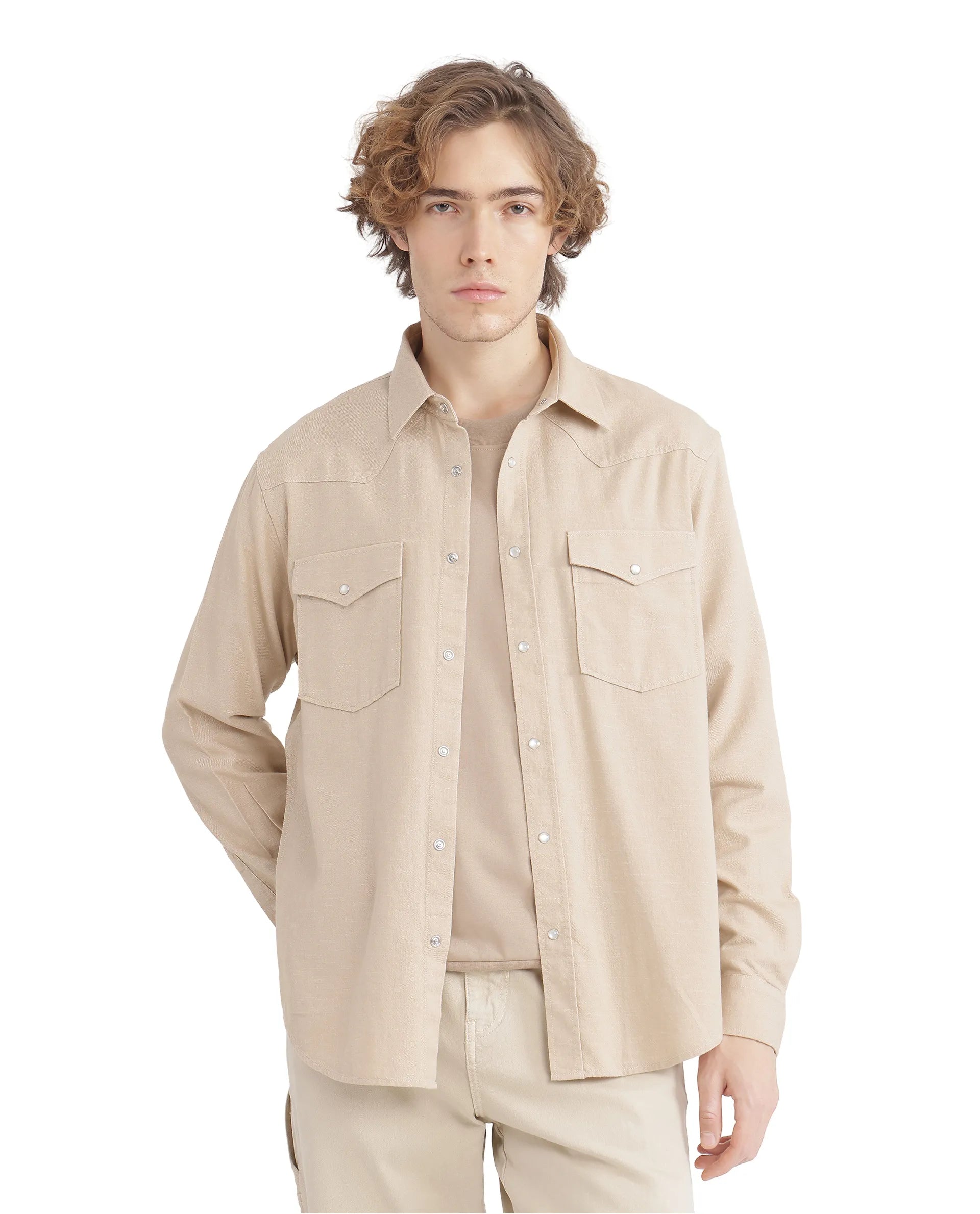 Rare Rabbit Men Haxlr Beige Full Sleeve Collared Neck Button Closure Plain Shirt