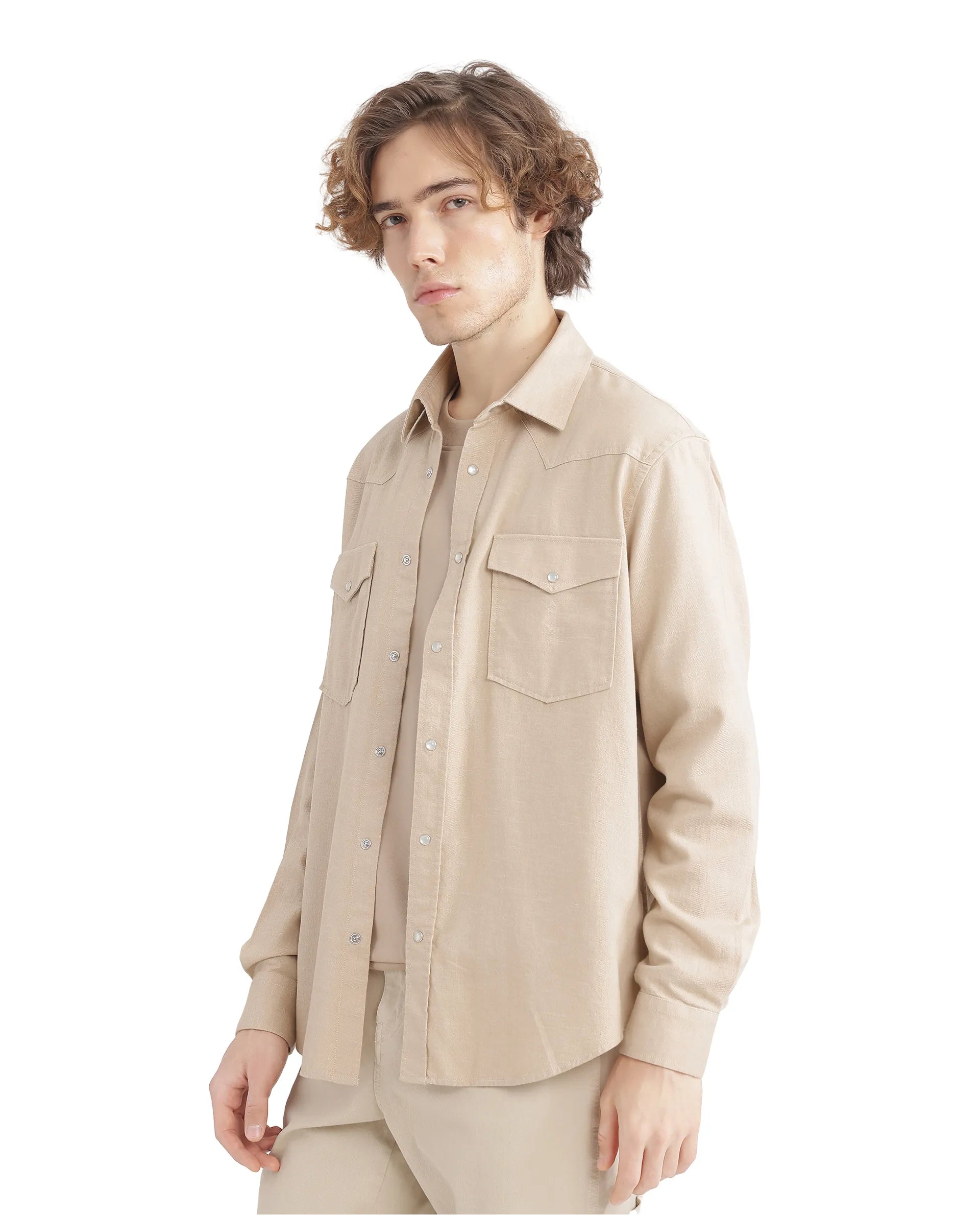 Rare Rabbit Men Haxlr Beige Full Sleeve Collared Neck Button Closure Plain Shirt