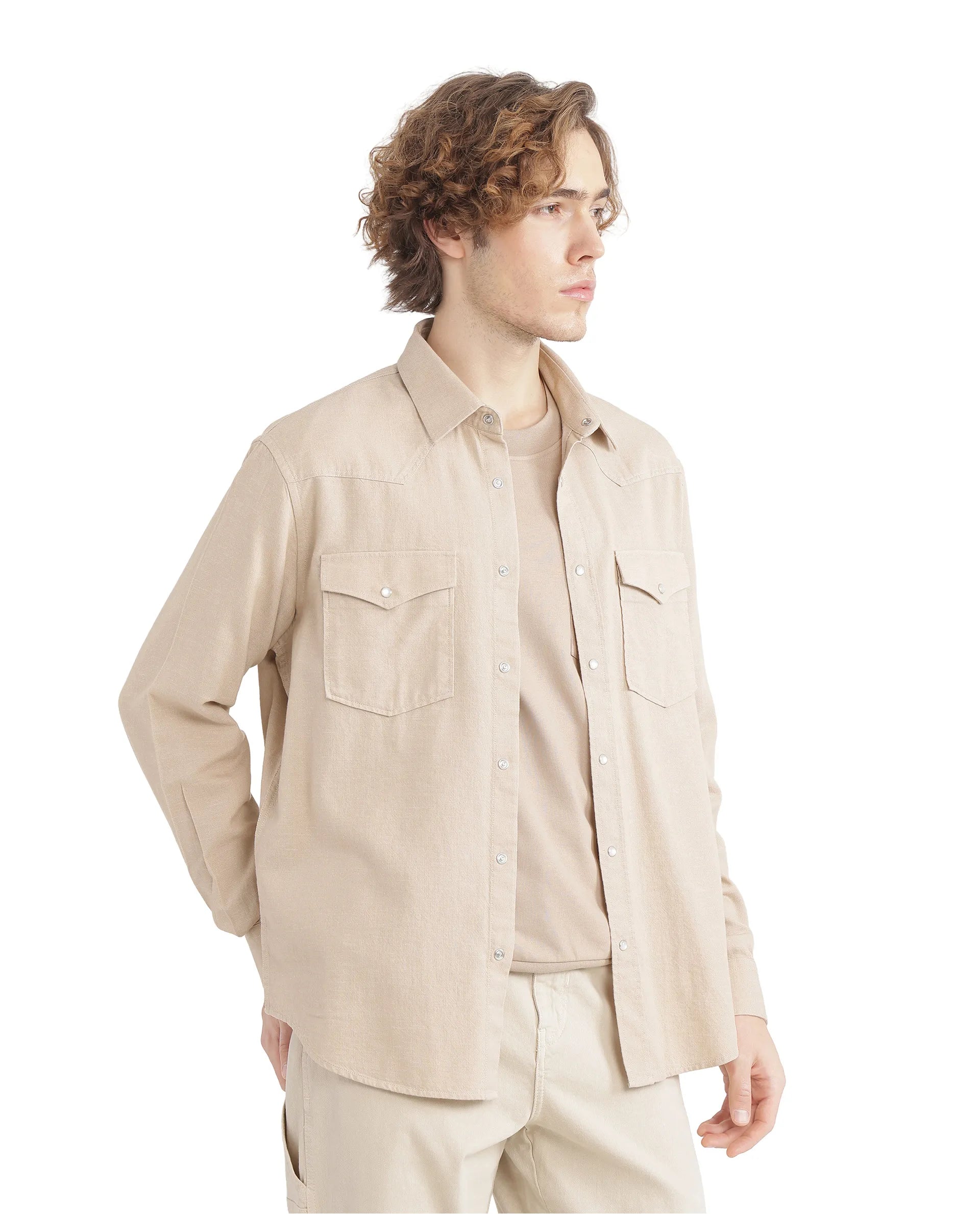 Rare Rabbit Men Haxlr Beige Full Sleeve Collared Neck Button Closure Plain Shirt