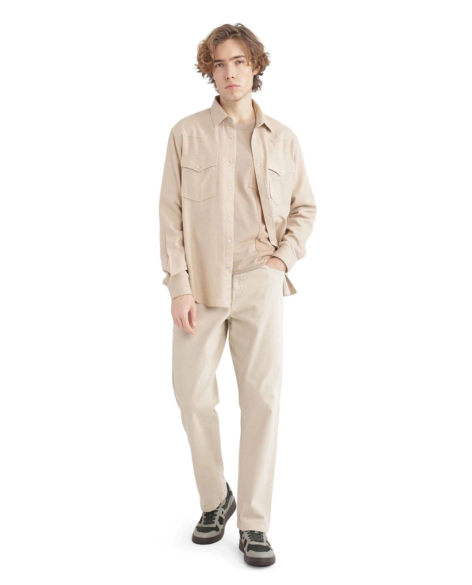 Rare Rabbit Men Haxlr Beige Full Sleeve Collared Neck Button Closure Plain Shirt