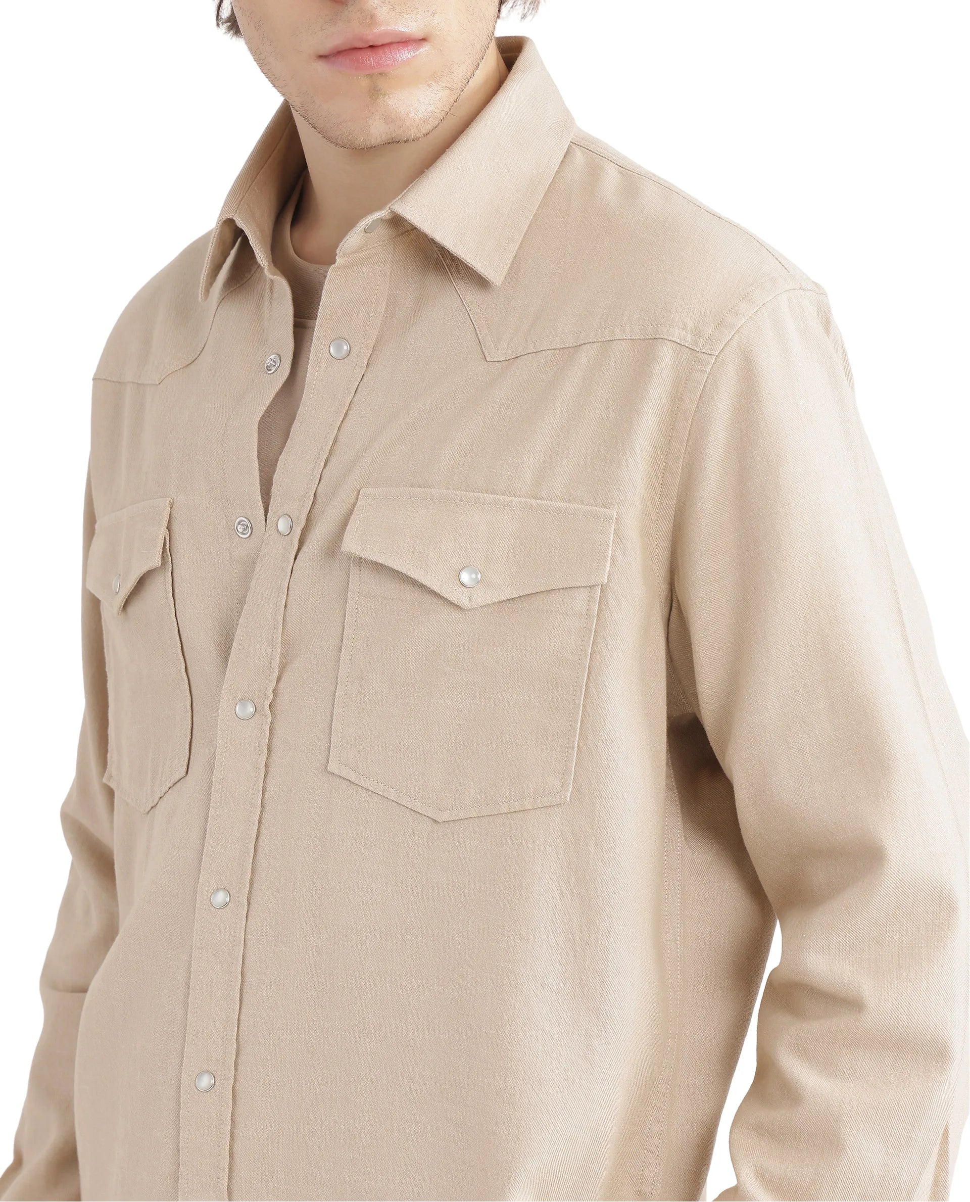 Rare Rabbit Men Haxlr Beige Full Sleeve Collared Neck Button Closure Plain Shirt