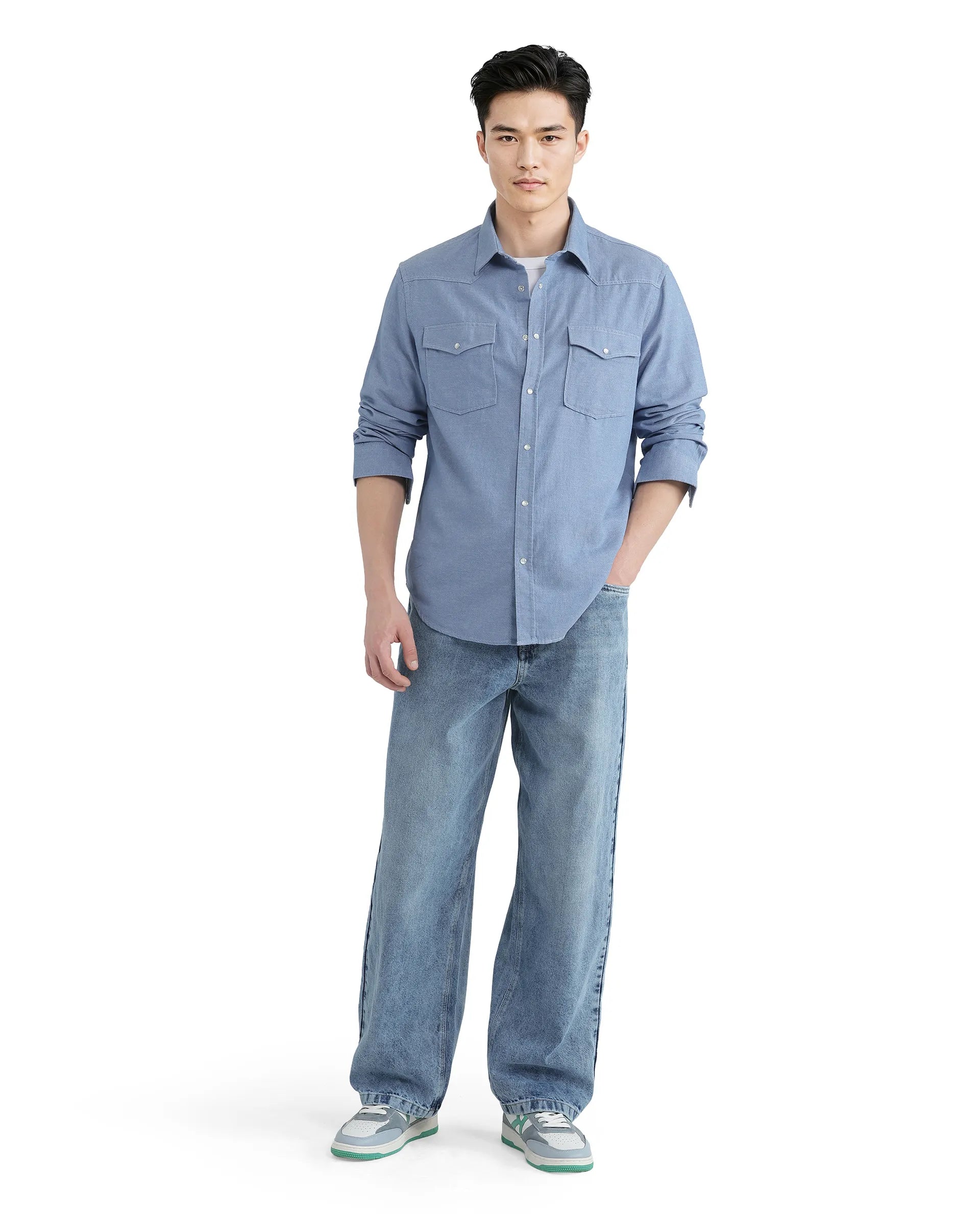 Rare Rabbit Men Haxlr Blue Cotton Lyocell Blend Fabric Full Sleeve Regular Collared Button Closure Plain Twill Shirt