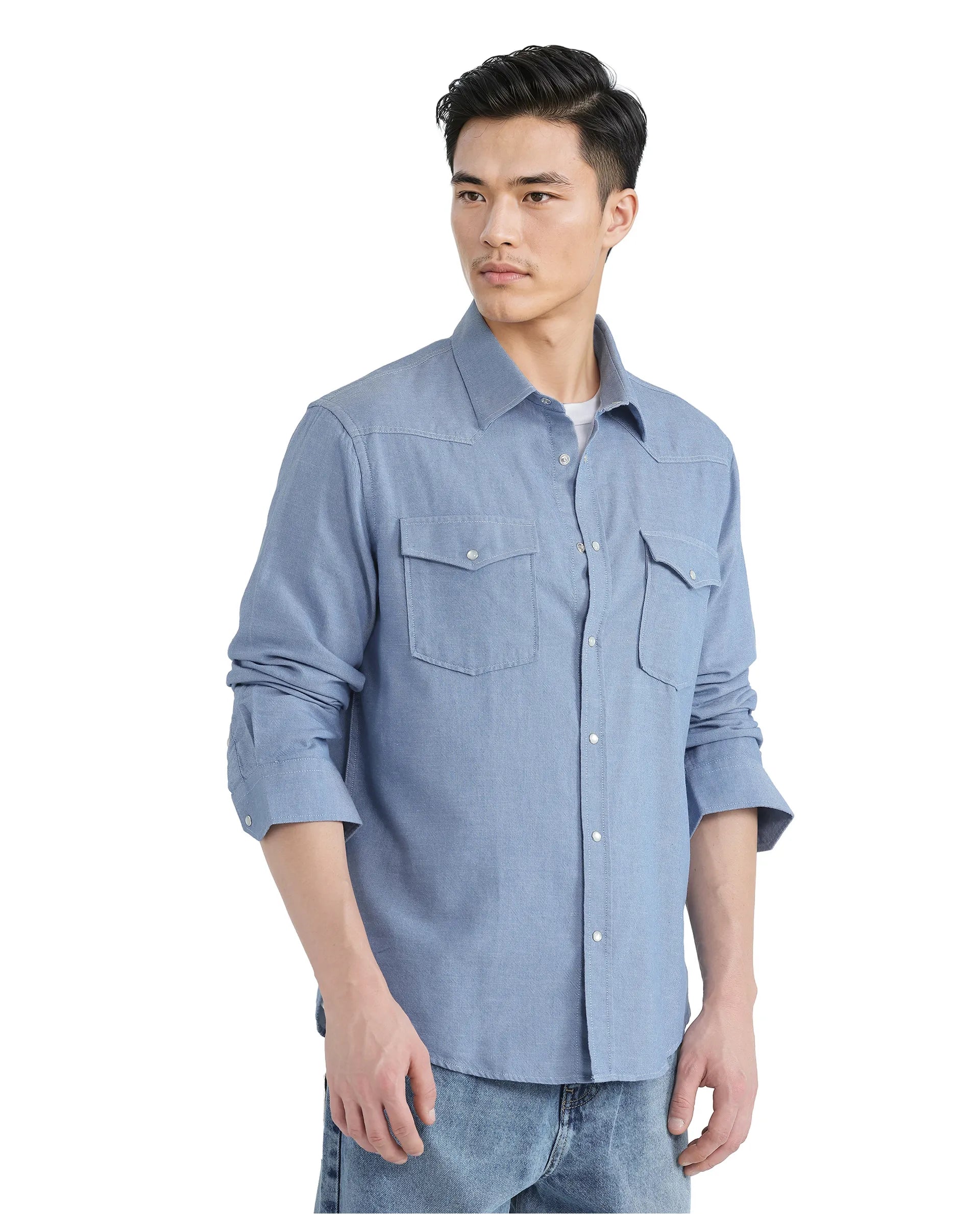 Rare Rabbit Men Haxlr Blue Cotton Lyocell Blend Fabric Full Sleeve Regular Collared Button Closure Plain Twill Shirt