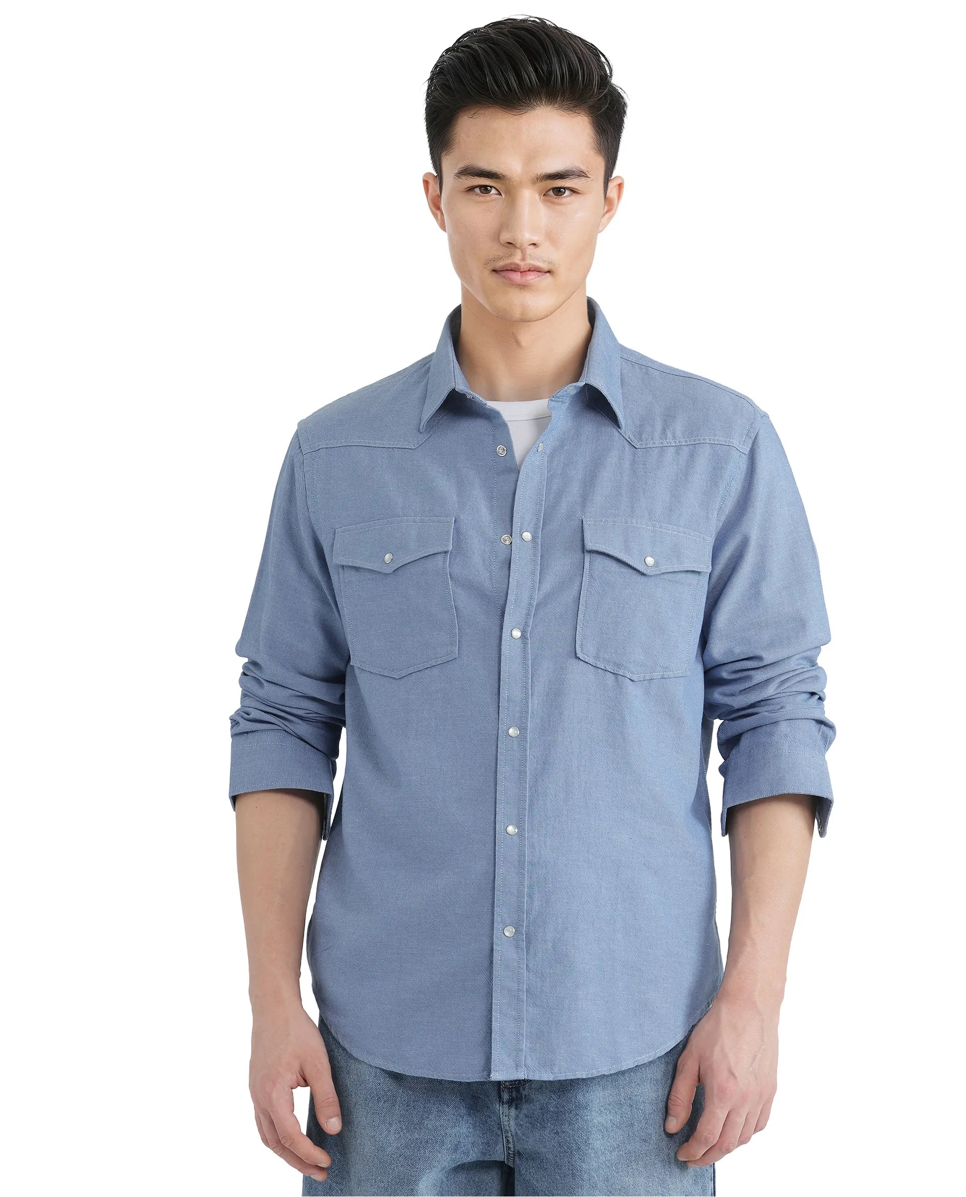 Rare Rabbit Men Haxlr Blue Cotton Lyocell Blend Fabric Full Sleeve Regular Collared Button Closure Plain Twill Shirt