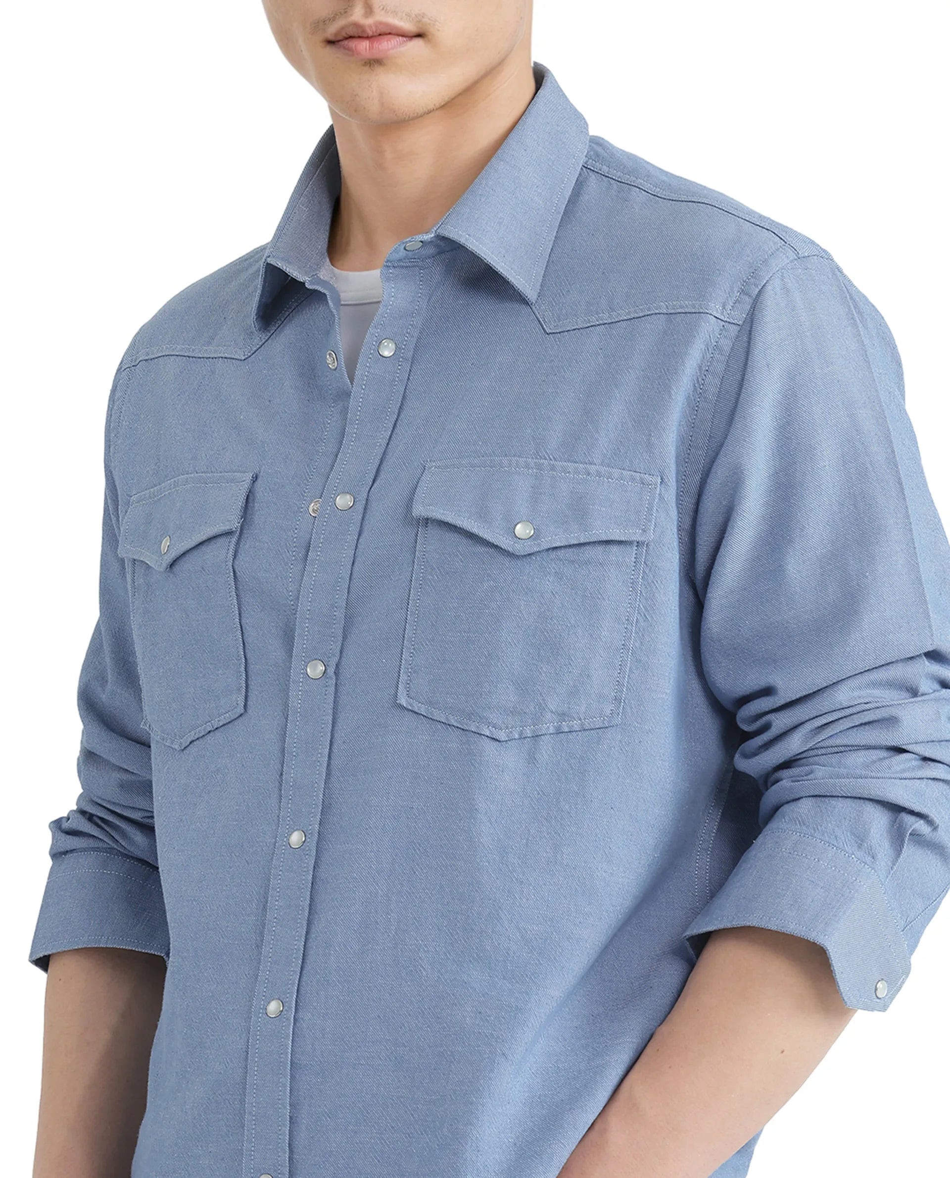 Rare Rabbit Men Haxlr Blue Cotton Lyocell Blend Fabric Full Sleeve Regular Collared Button Closure Plain Twill Shirt