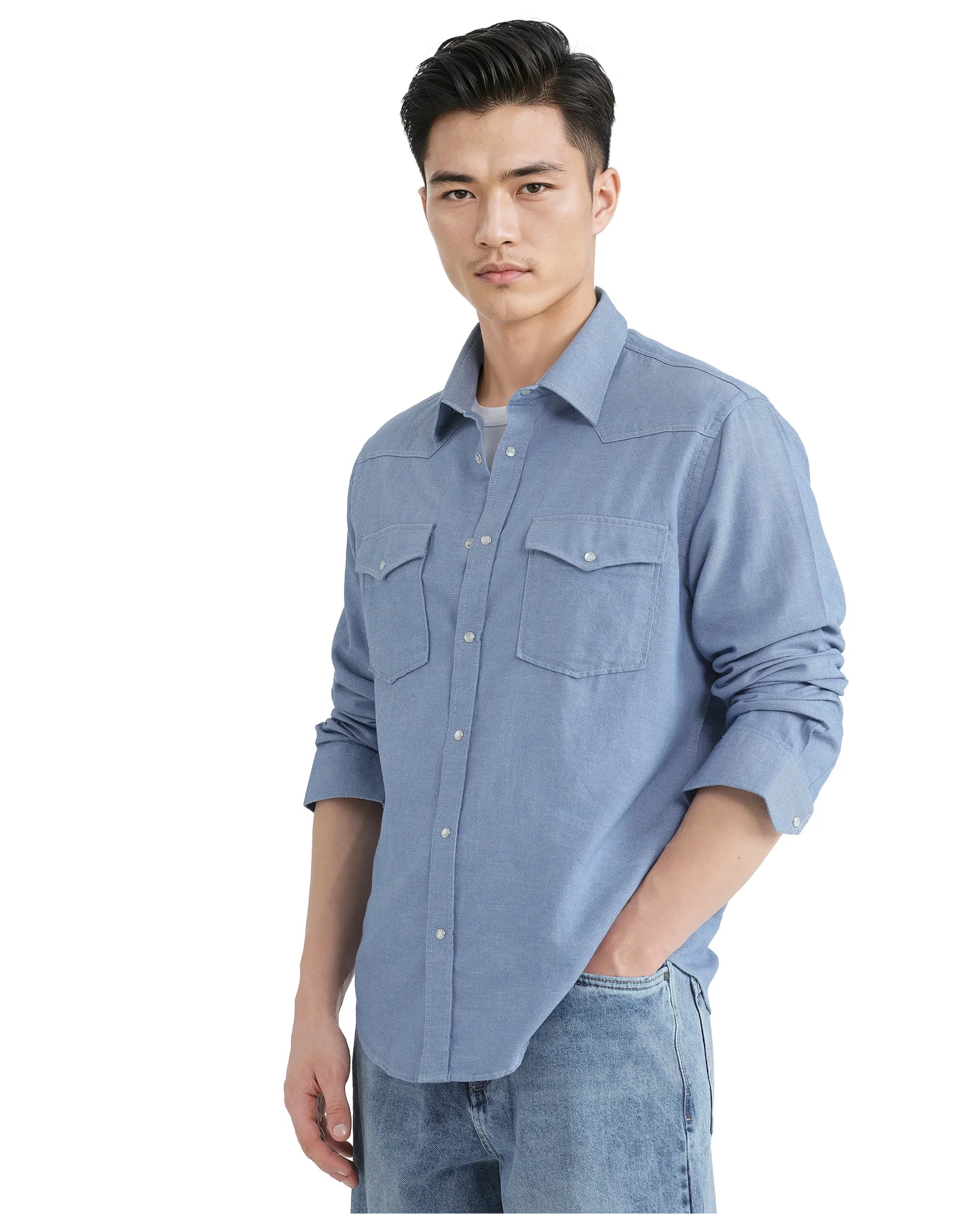 Rare Rabbit Men Haxlr Blue Cotton Lyocell Blend Fabric Full Sleeve Regular Collared Button Closure Plain Twill Shirt
