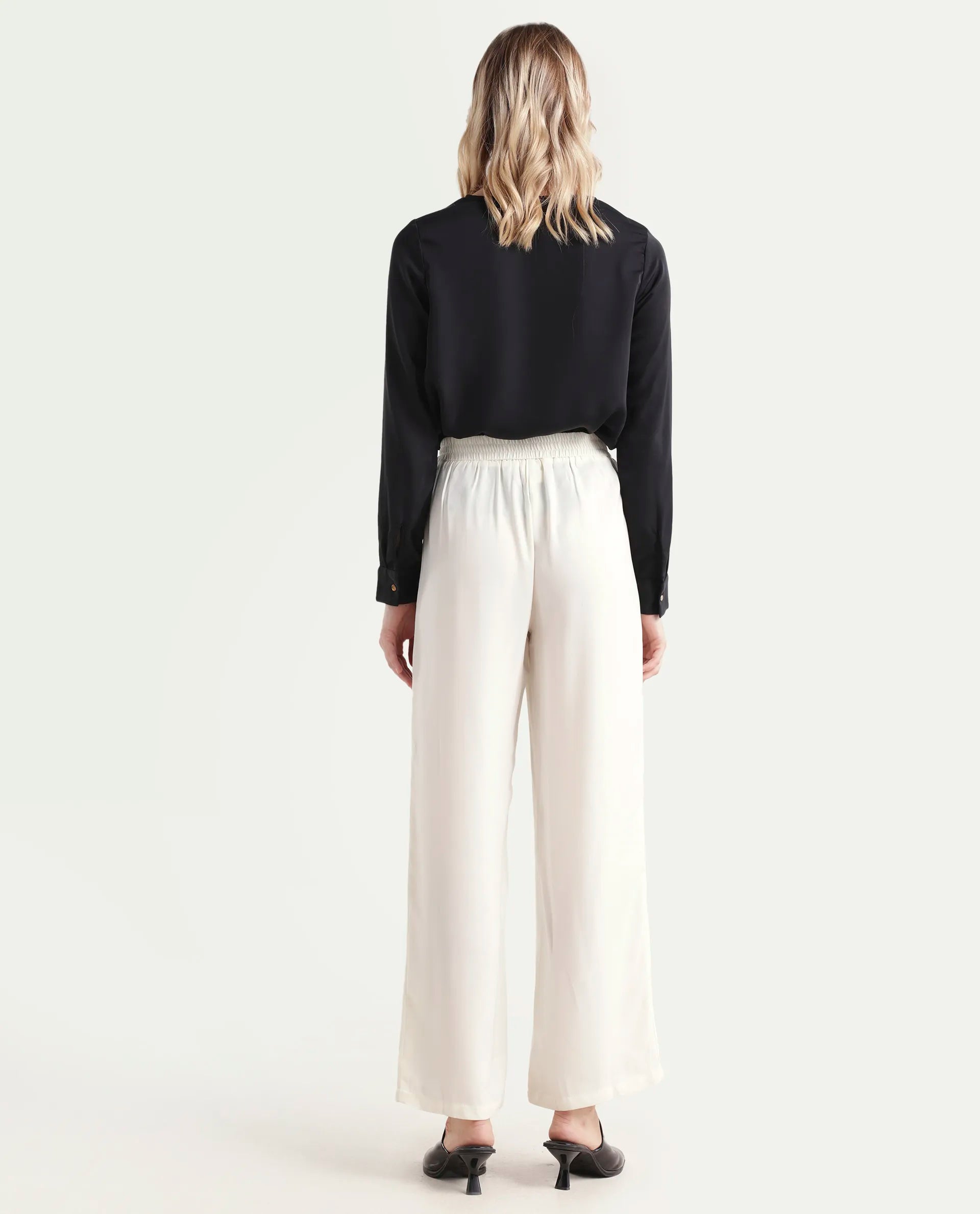 Rareism Women's Haz Light Off White Polyester Plain Ankle Length Wide Trouser