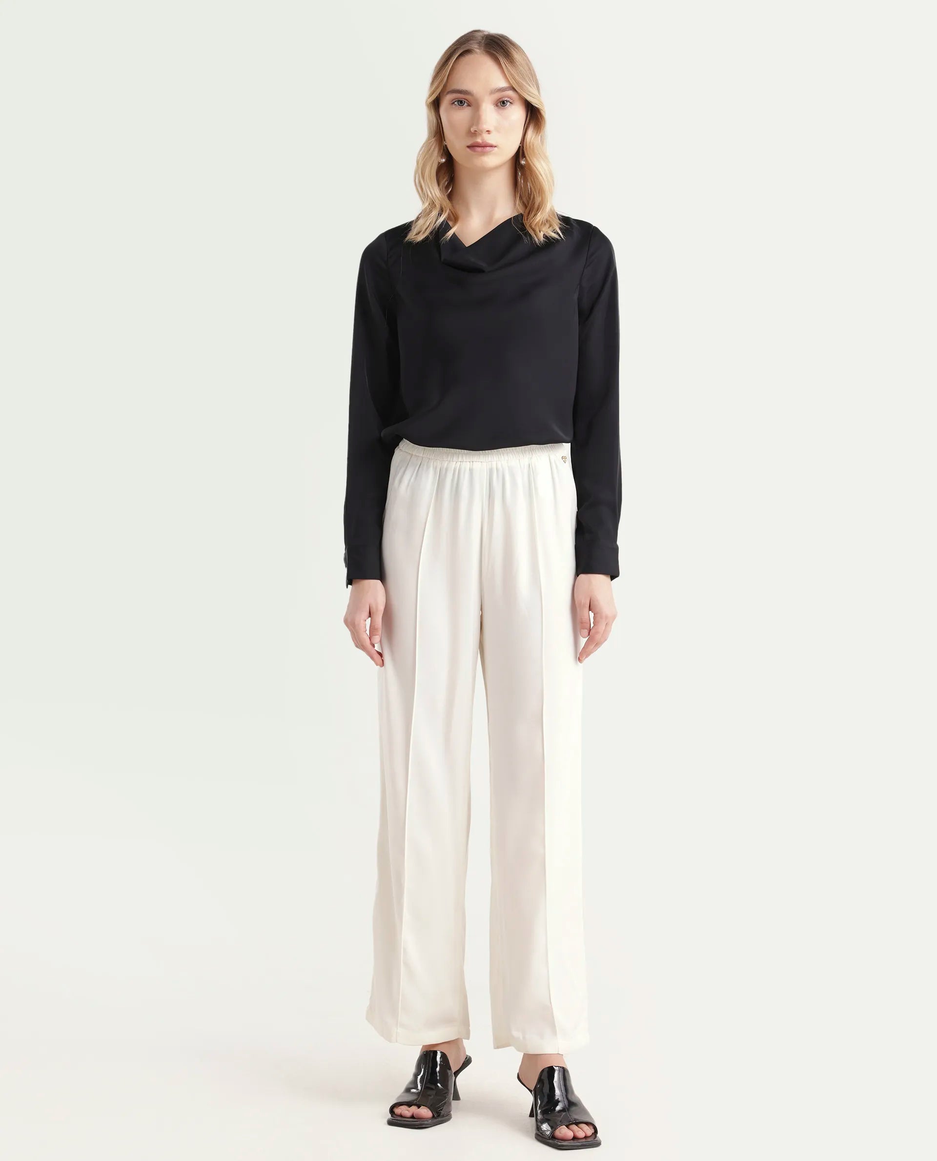 Rareism Women's Haz Light Off White Polyester Plain Ankle Length Wide Trouser