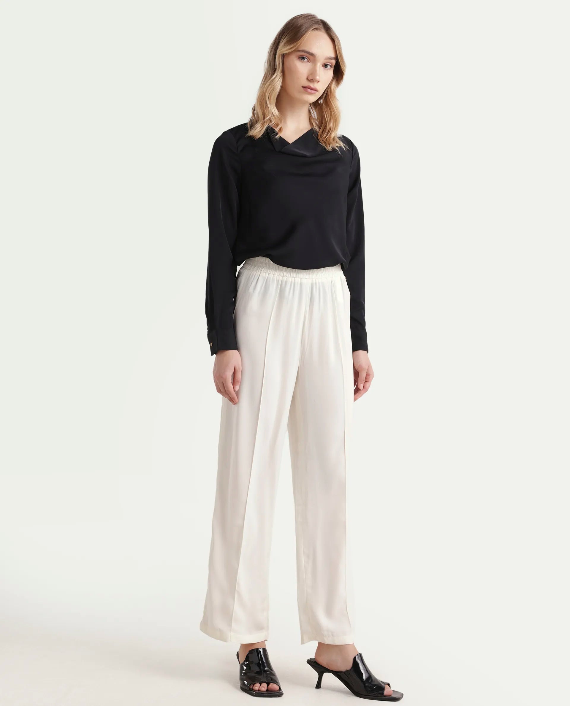 Rareism Women's Haz Light Off White Polyester Plain Ankle Length Wide Trouser