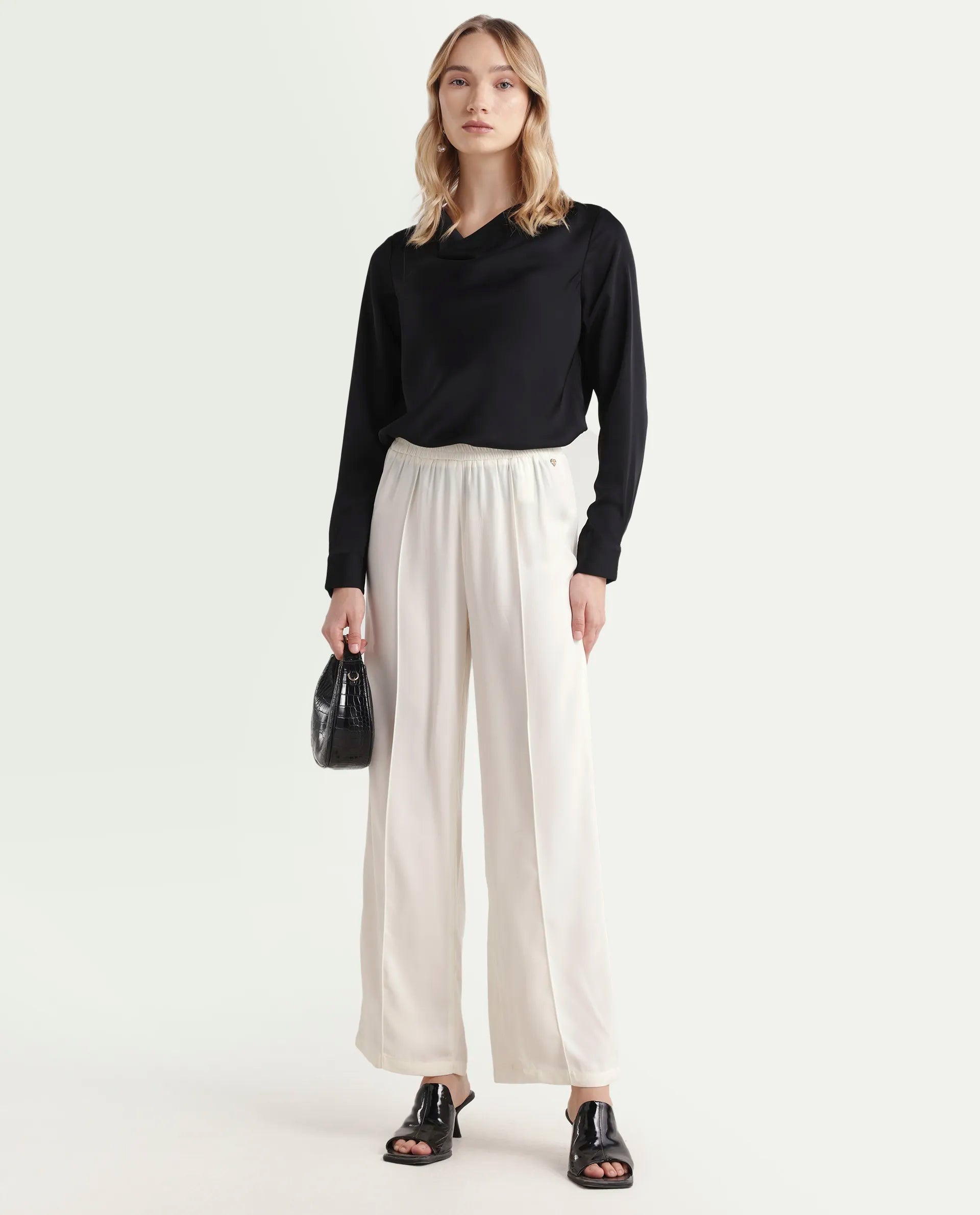 Rareism Women's Haz Light Off White Polyester Plain Ankle Length Wide Trouser