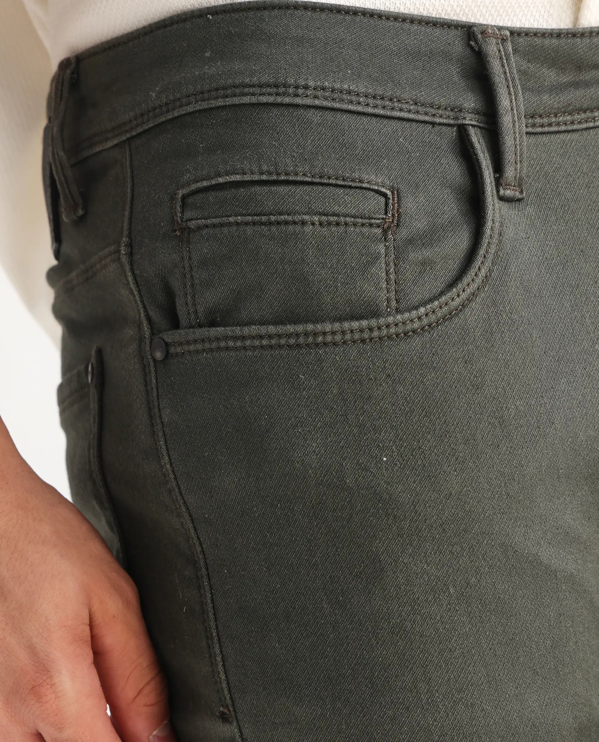 Rare Rabbit Men's Hede Olive Cotton Plain Hawk Slim Fit Jeans