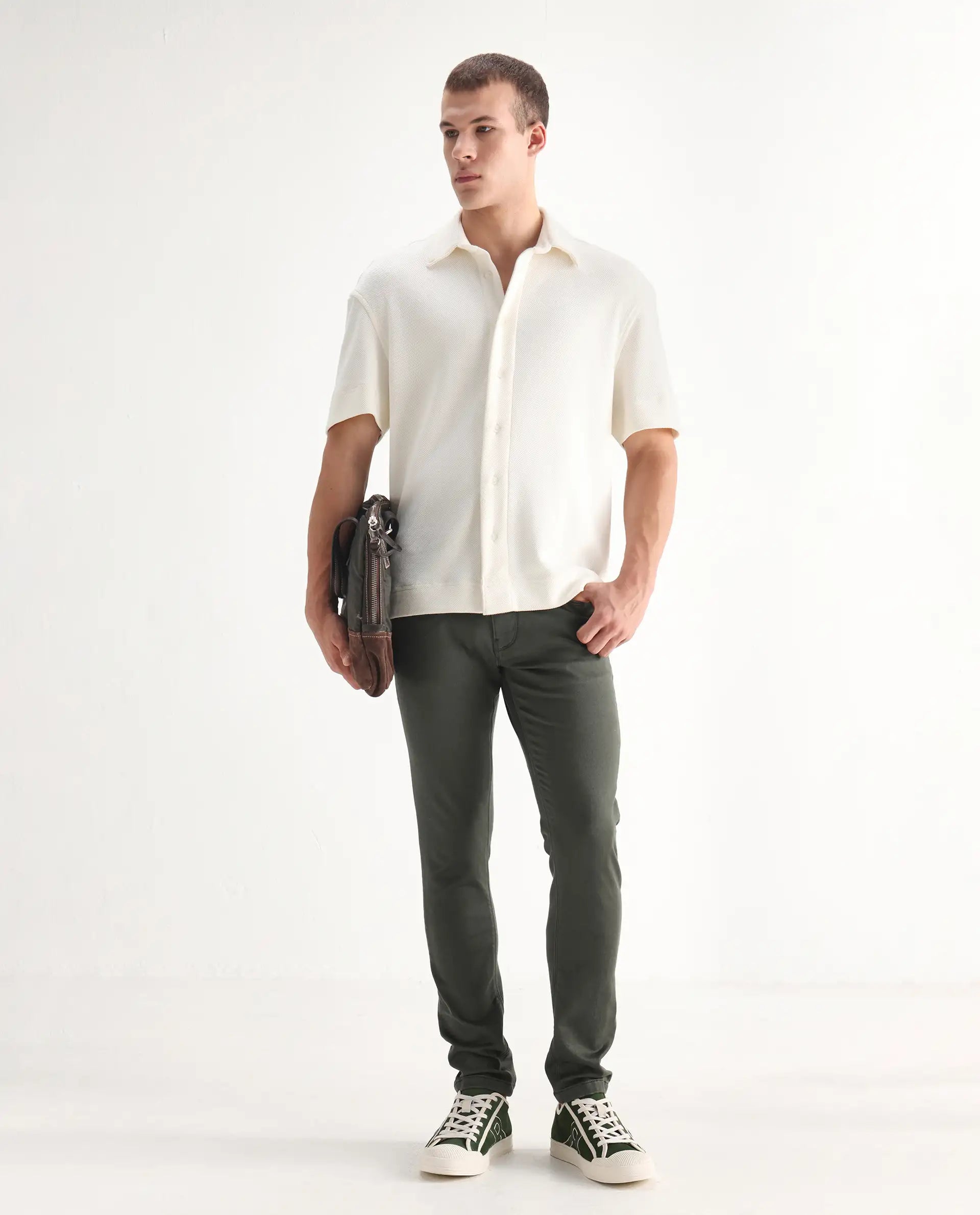 Rare Rabbit Men's Hede Olive Cotton Plain Hawk Slim Fit Jeans