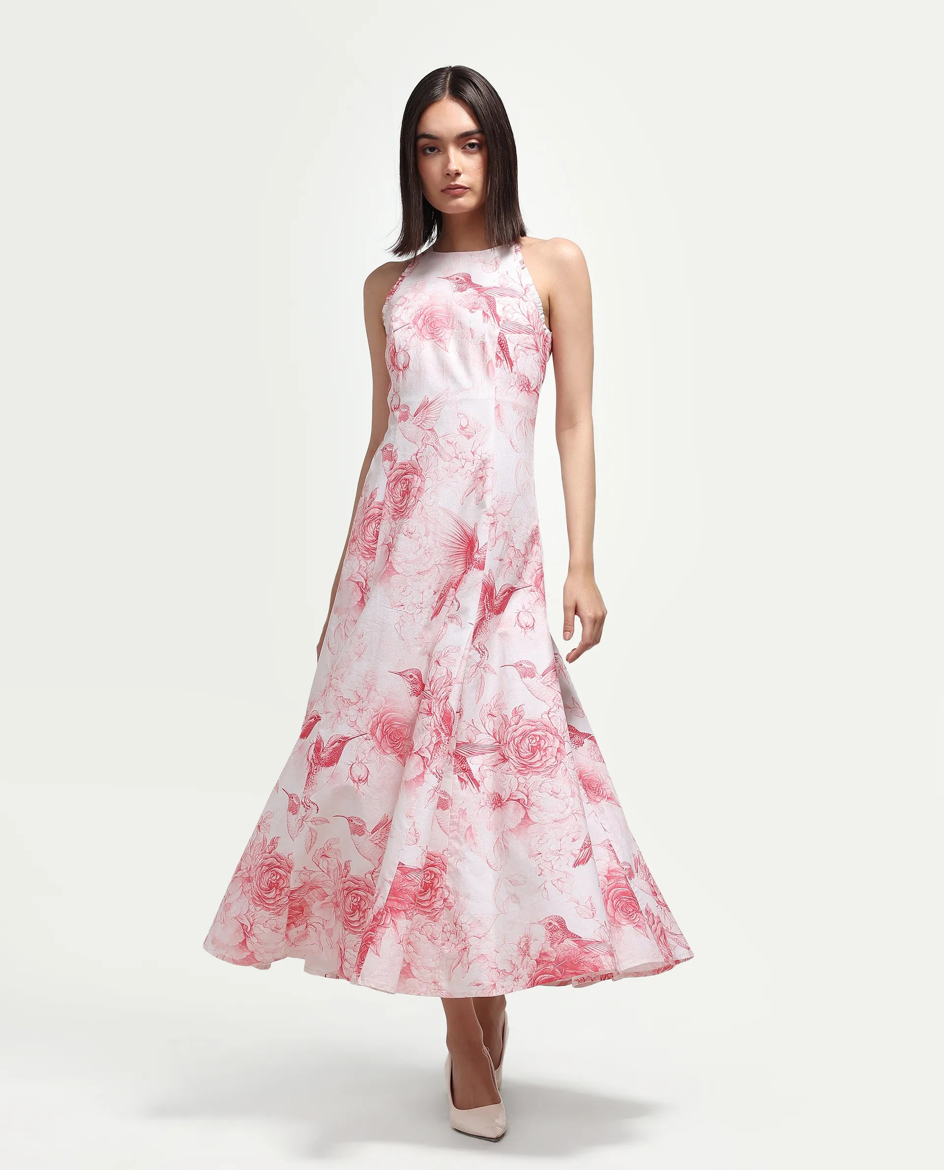 Rareism Women's Hedi Off White Cotton Halter Neck Fit And Flare Floral Print Dress