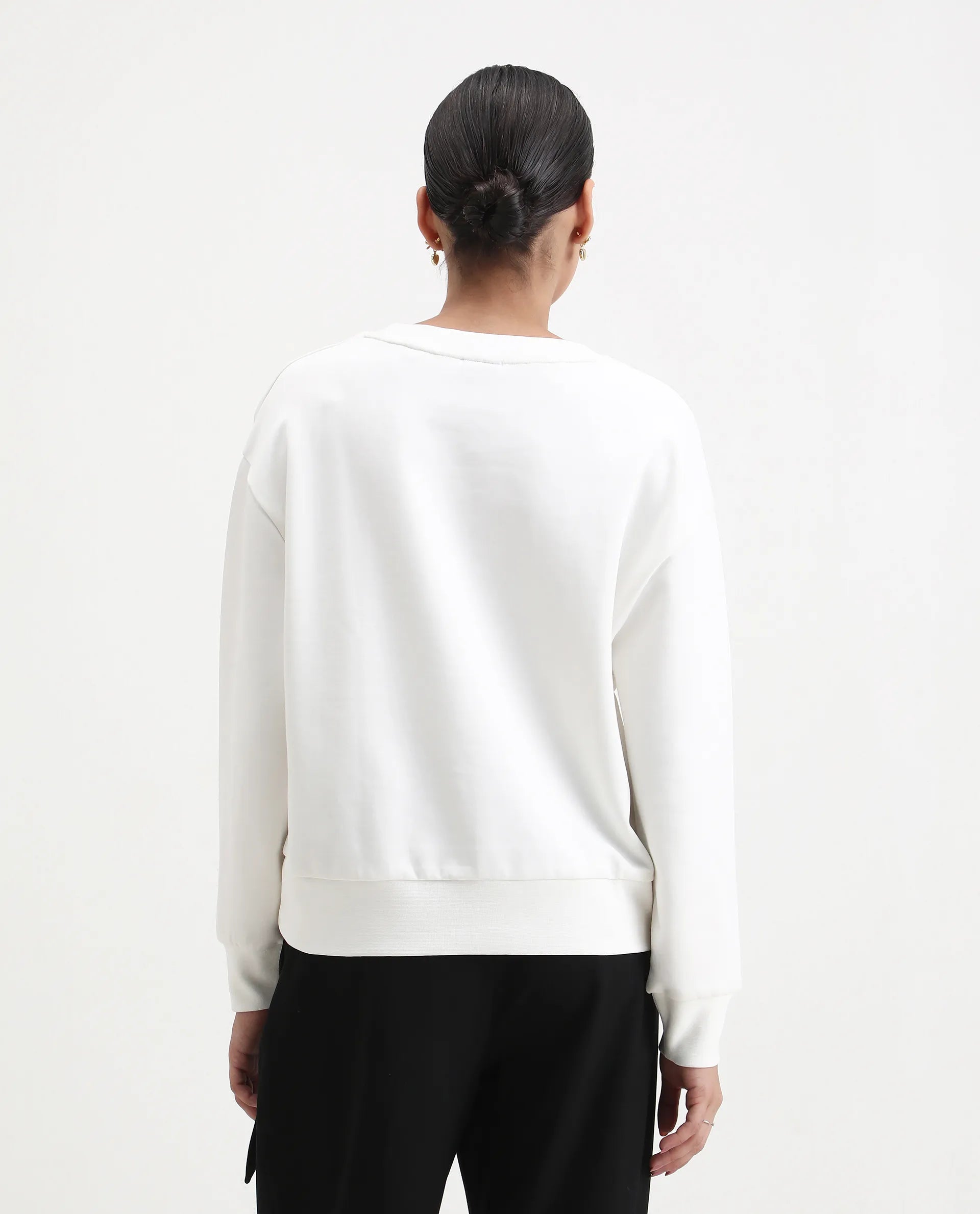 Rareism Women's Hefko Off White Cotton Blend Crew Neck Relaxed Fit Graphic Print Sweatshirt