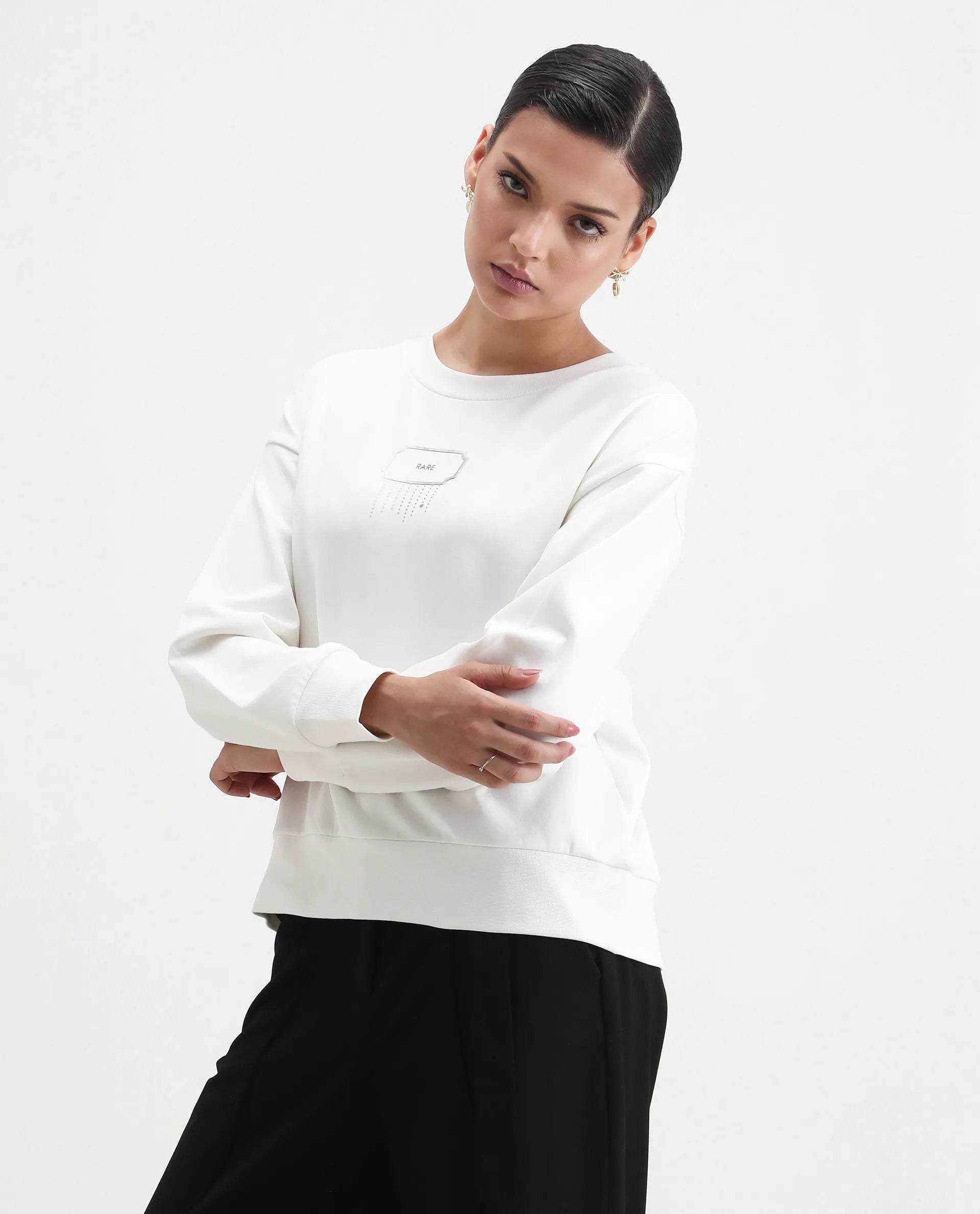 Rareism Women's Hefko Off White Cotton Blend Crew Neck Relaxed Fit Graphic Print Sweatshirt