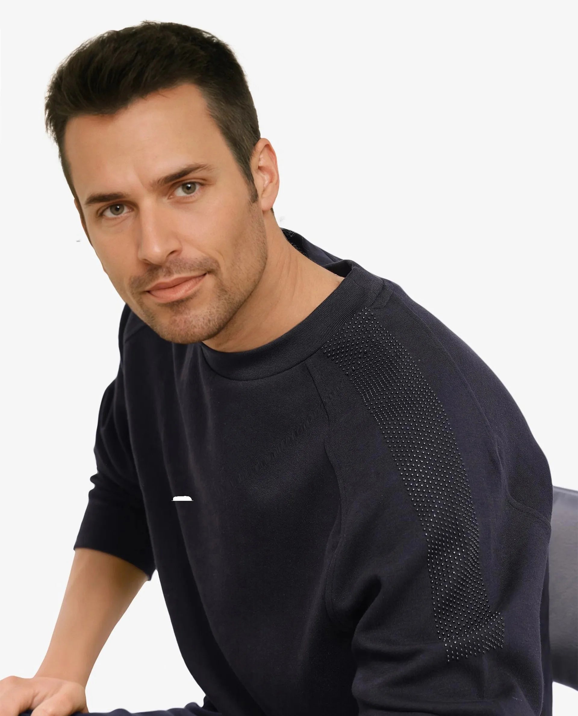 Rare Rabbit Men Heg Black Cotton Poly Fabric Studded Full Sleeve Crew Neck Plain Sweatshirt