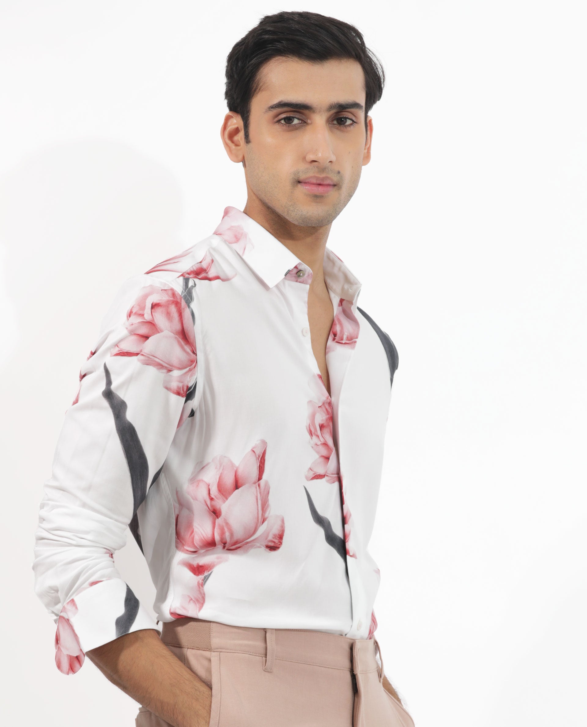 Rare Rabbit Mens Hegda White Viscose Fabric Full Sleeves Boxy Fit Floral Print Shirt