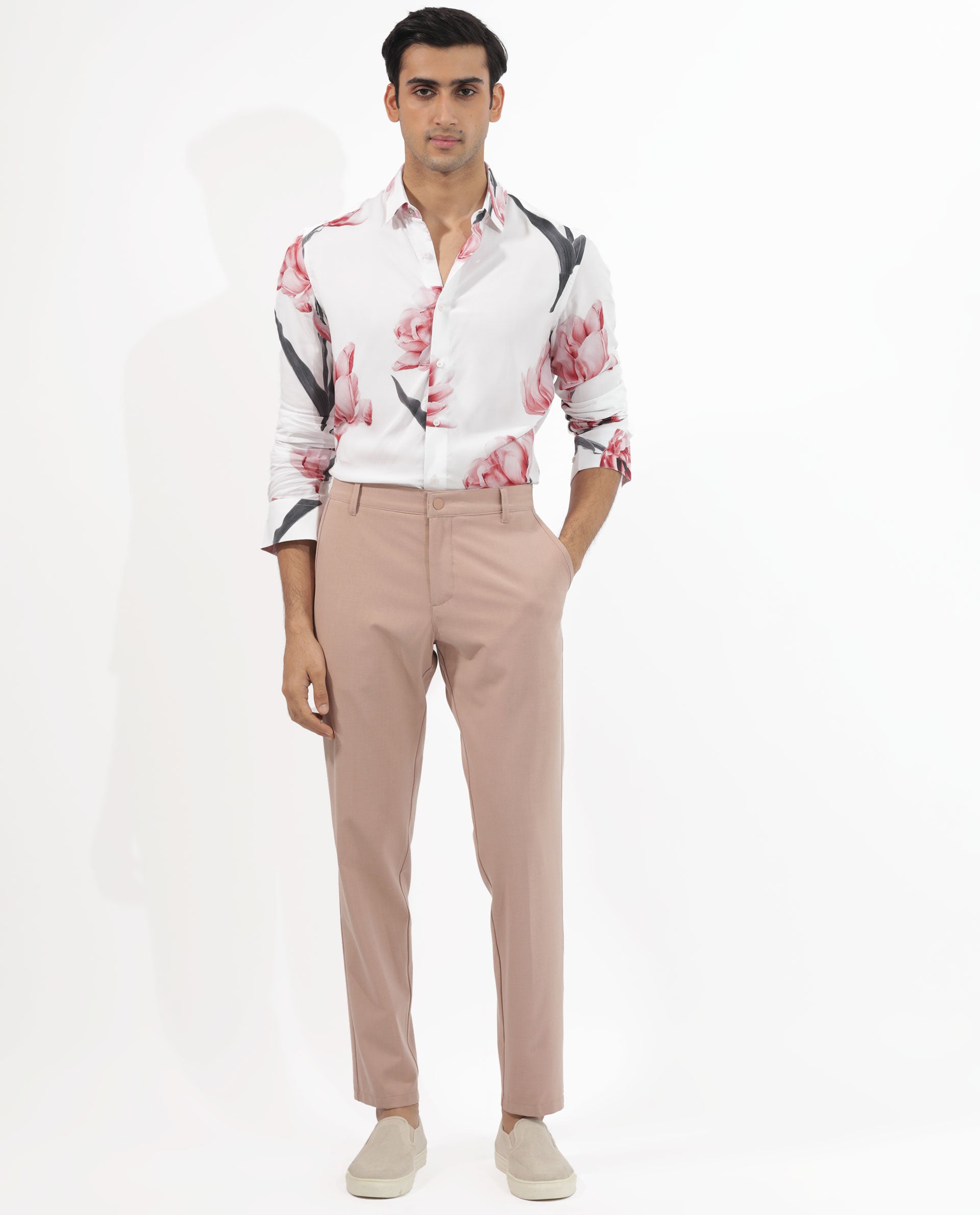 Rare Rabbit Mens Hegda White Viscose Fabric Full Sleeves Boxy Fit Floral Print Shirt