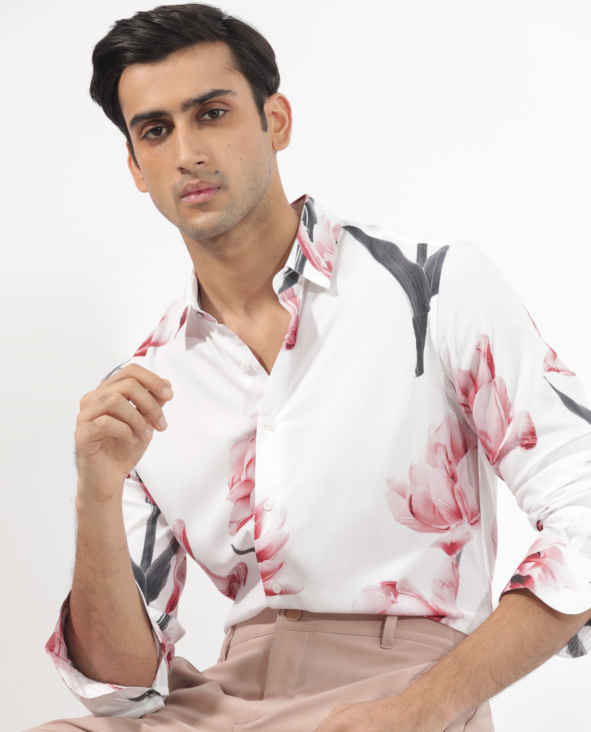 Rare Rabbit Mens Hegda White Viscose Fabric Full Sleeves Boxy Fit Floral Print Shirt