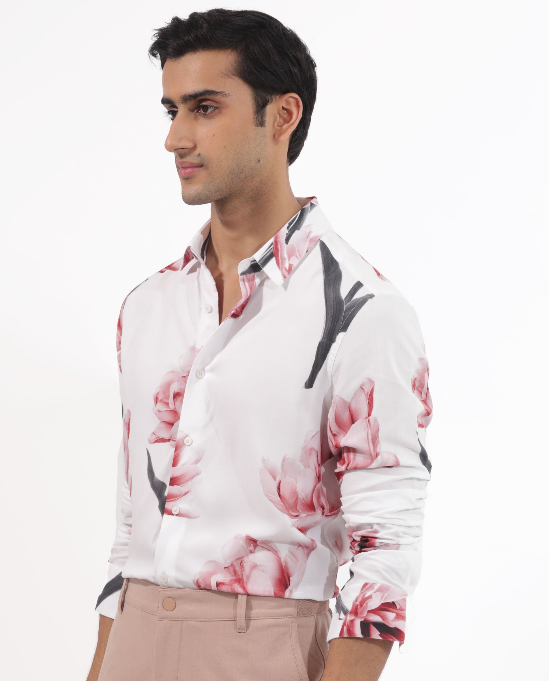 Rare Rabbit Mens Hegda White Viscose Fabric Full Sleeves Boxy Fit Floral Print Shirt