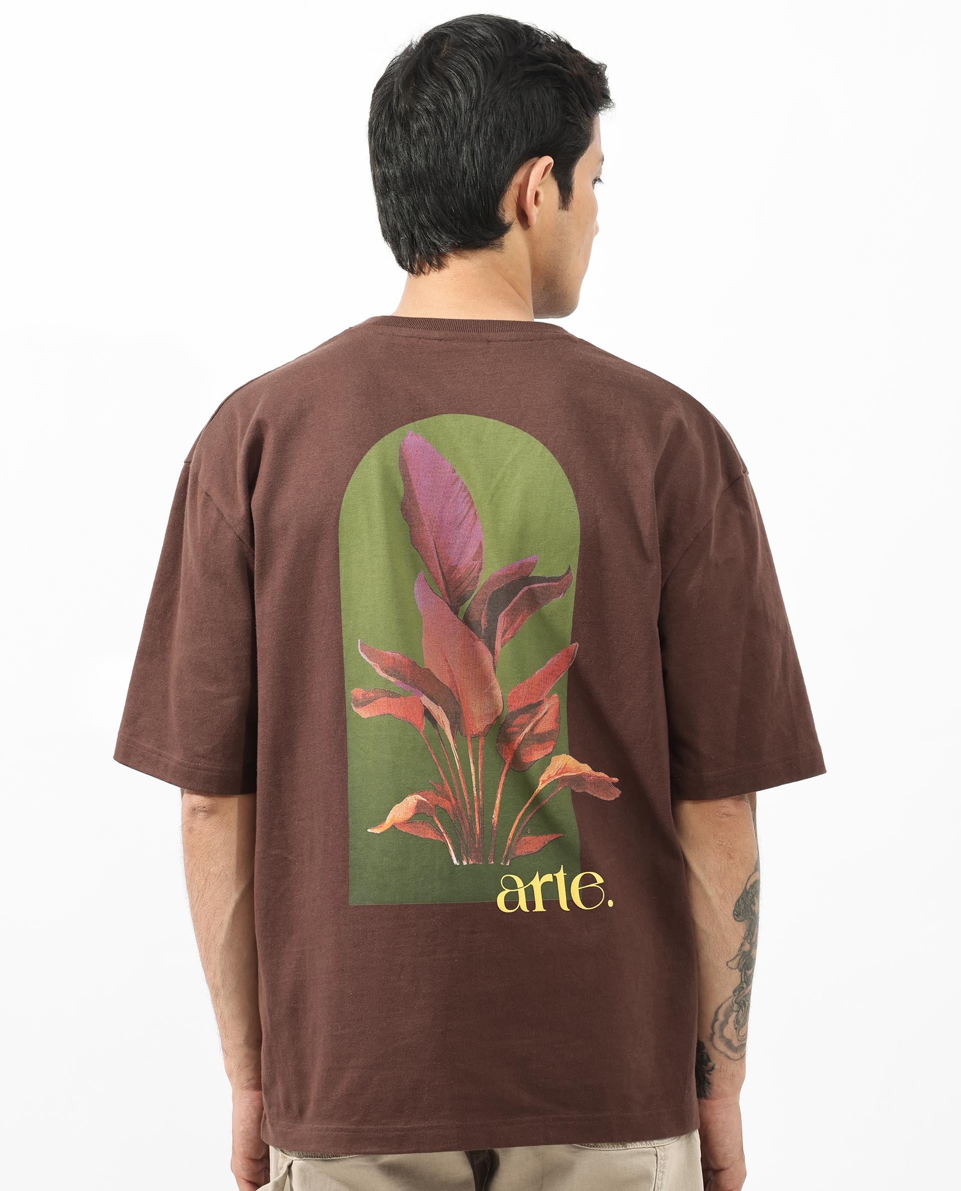 Rare Rabbit Articale Men's Heimer Brown Cotton Polyester Fabric Crew Neck Oversized Fit Knit Botanical Print T-Shirt