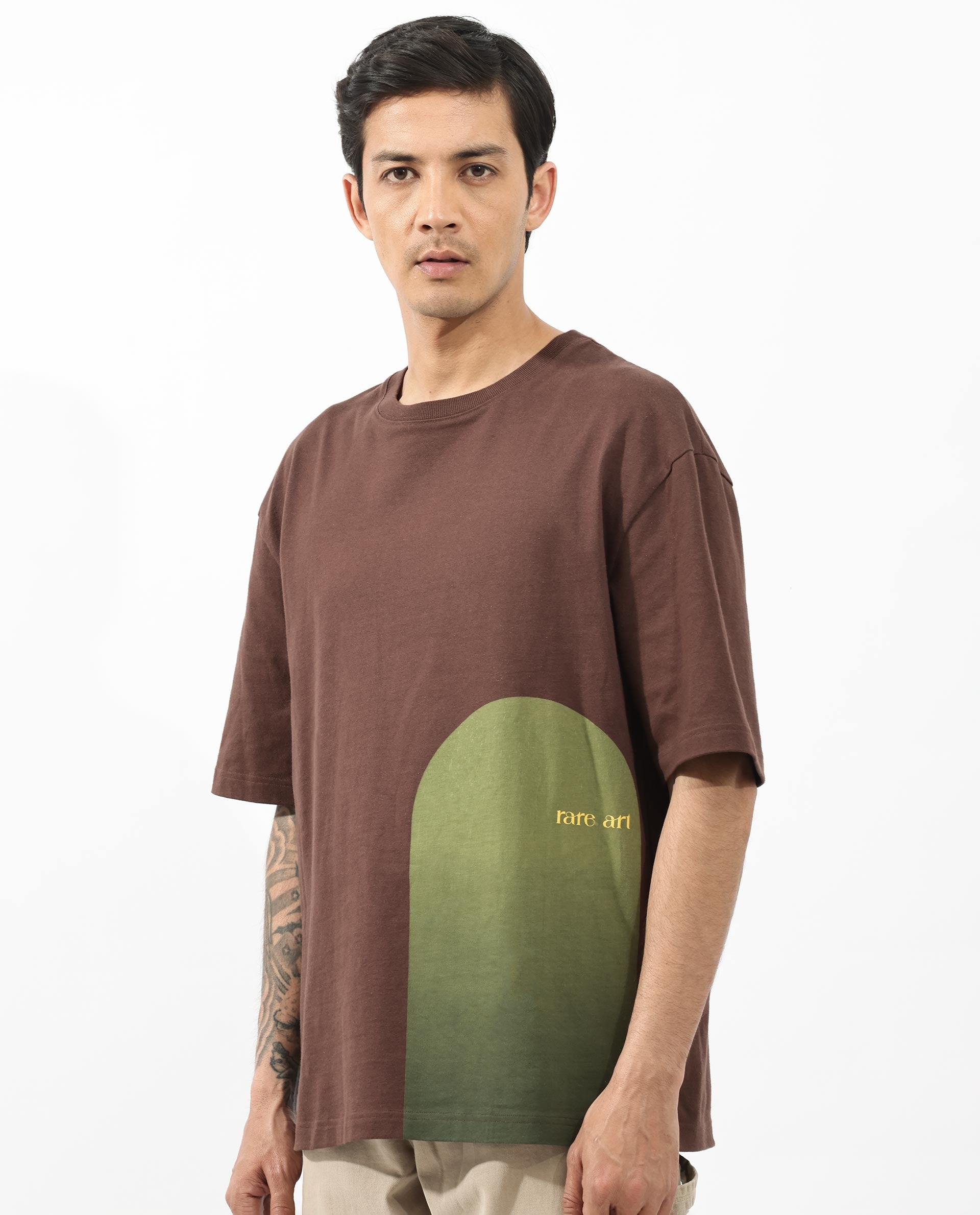 Rare Rabbit Articale Men's Heimer Brown Cotton Polyester Fabric Crew Neck Oversized Fit Knit Botanical Print T-Shirt