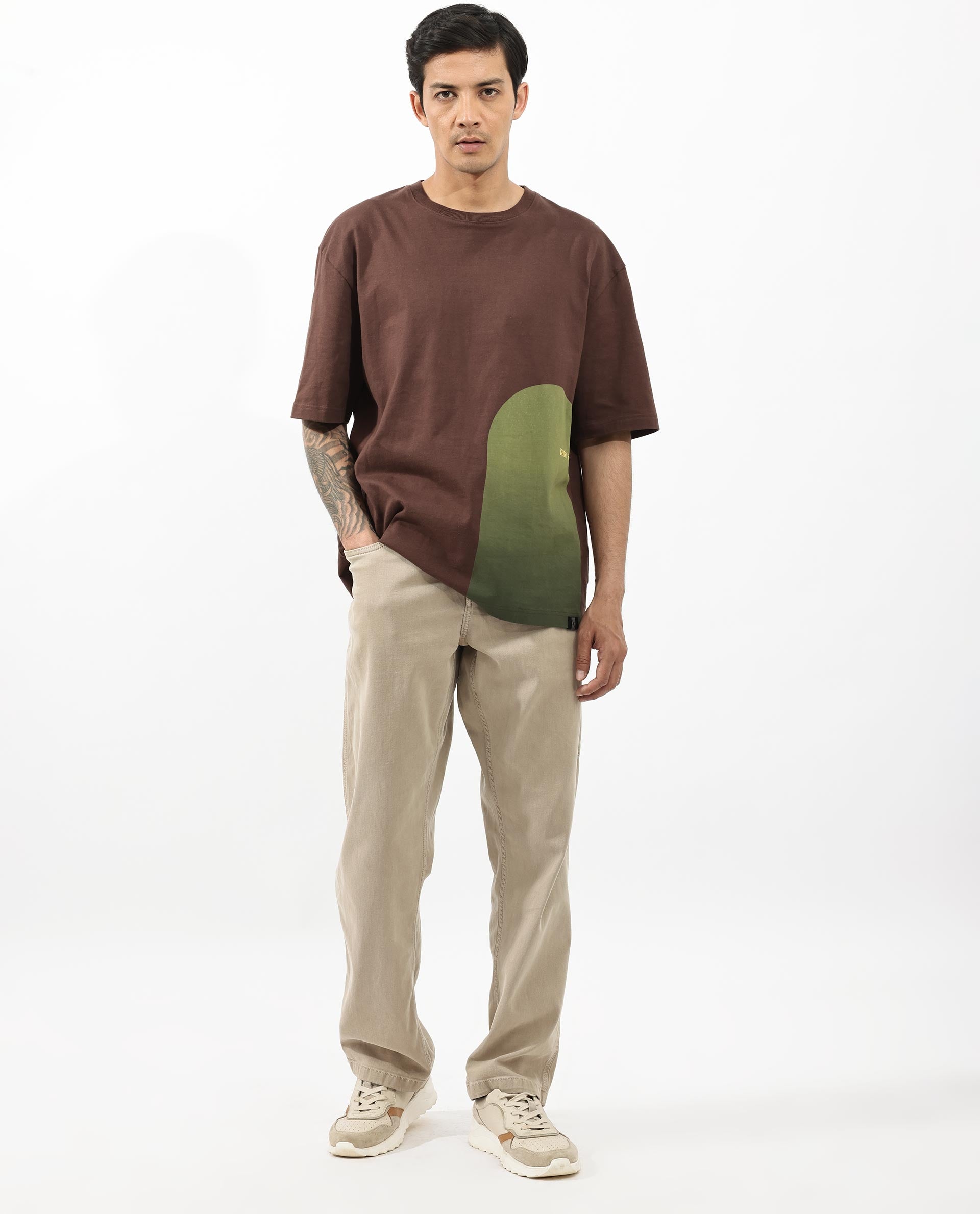 Rare Rabbit Articale Men's Heimer Brown Cotton Polyester Fabric Crew Neck Oversized Fit Knit Botanical Print T-Shirt