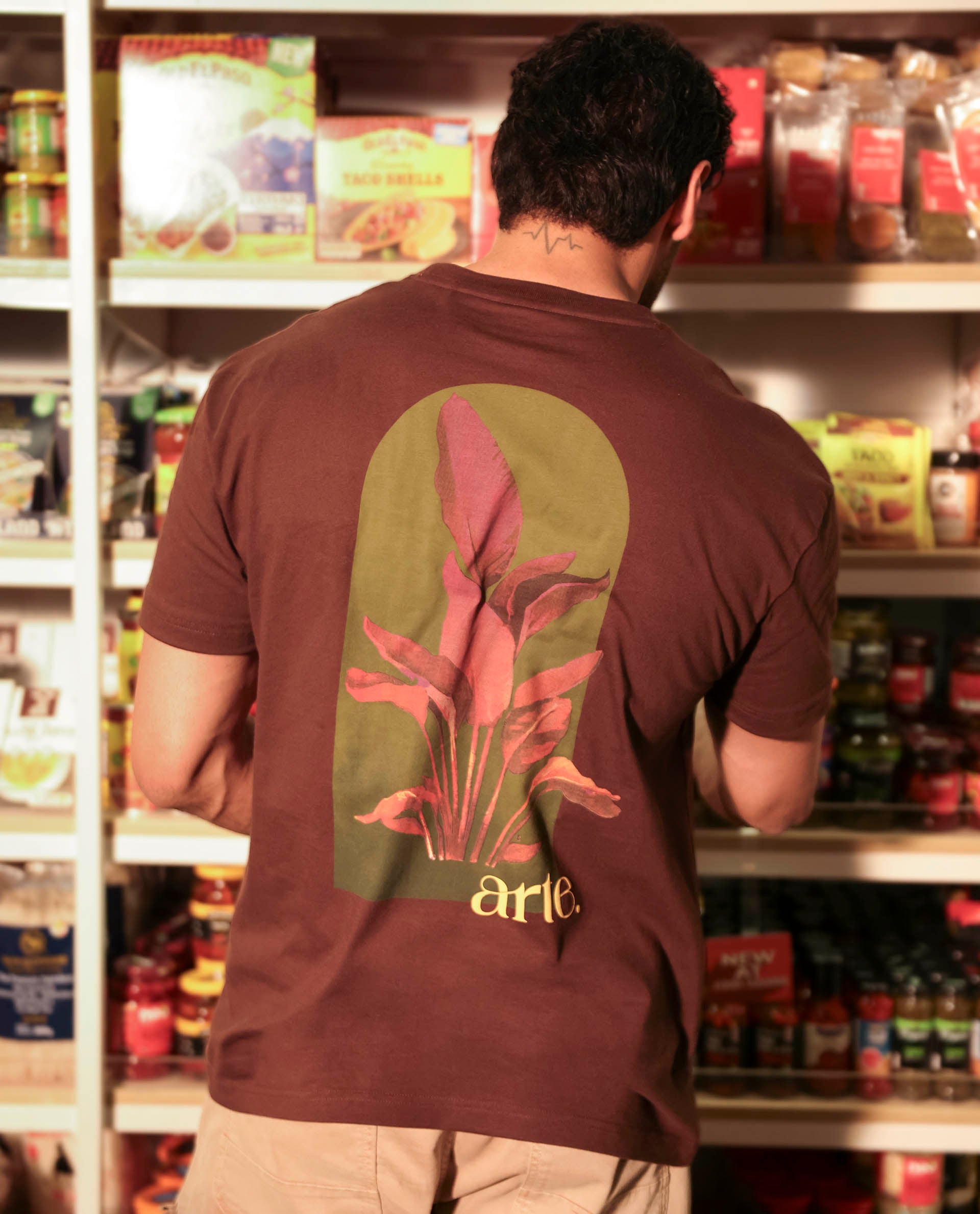 Rare Rabbit Articale Men's Heimer Brown Cotton Polyester Fabric Crew Neck Oversized Fit Knit Botanical Print T-Shirt