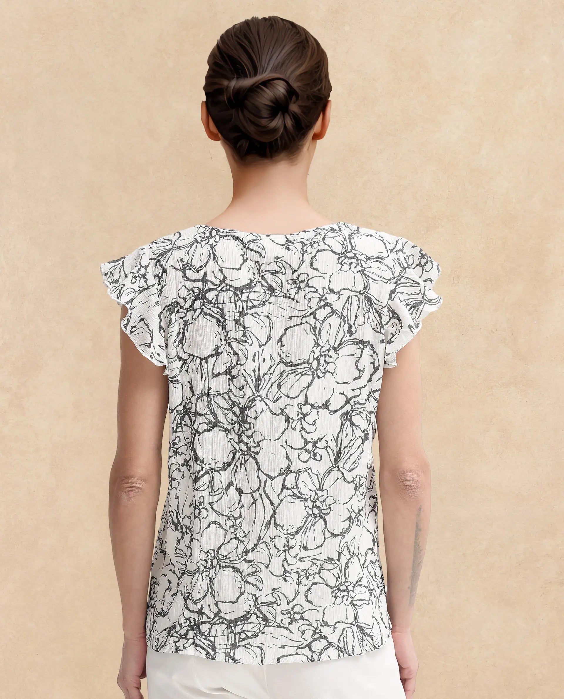 Rareism Women Helene-SC Light Ecru Viscose Ruffled Sleeves V-Neck Abstract Print Top