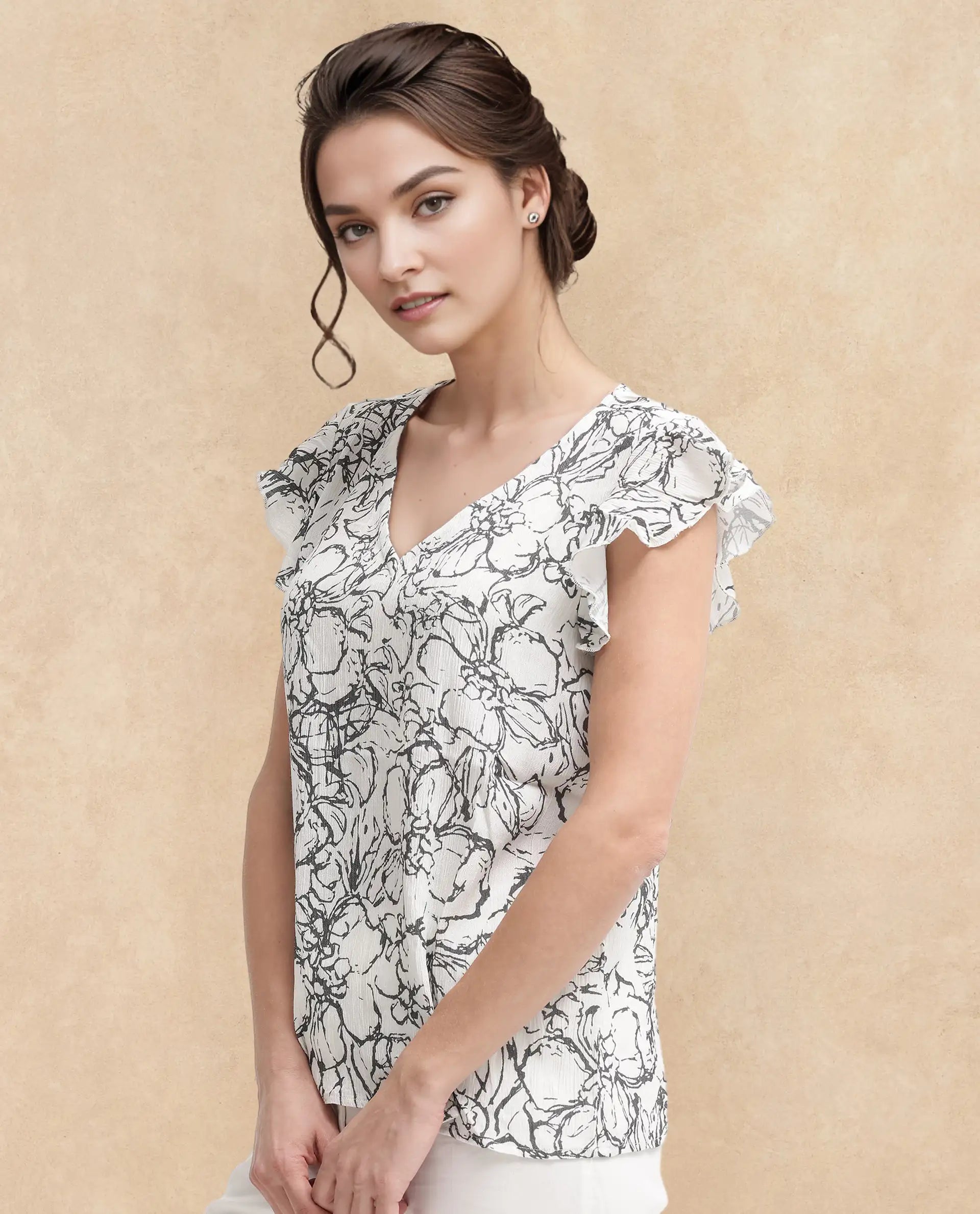 Rareism Women Helene-SC Light Ecru Viscose Ruffled Sleeves V-Neck Abstract Print Top