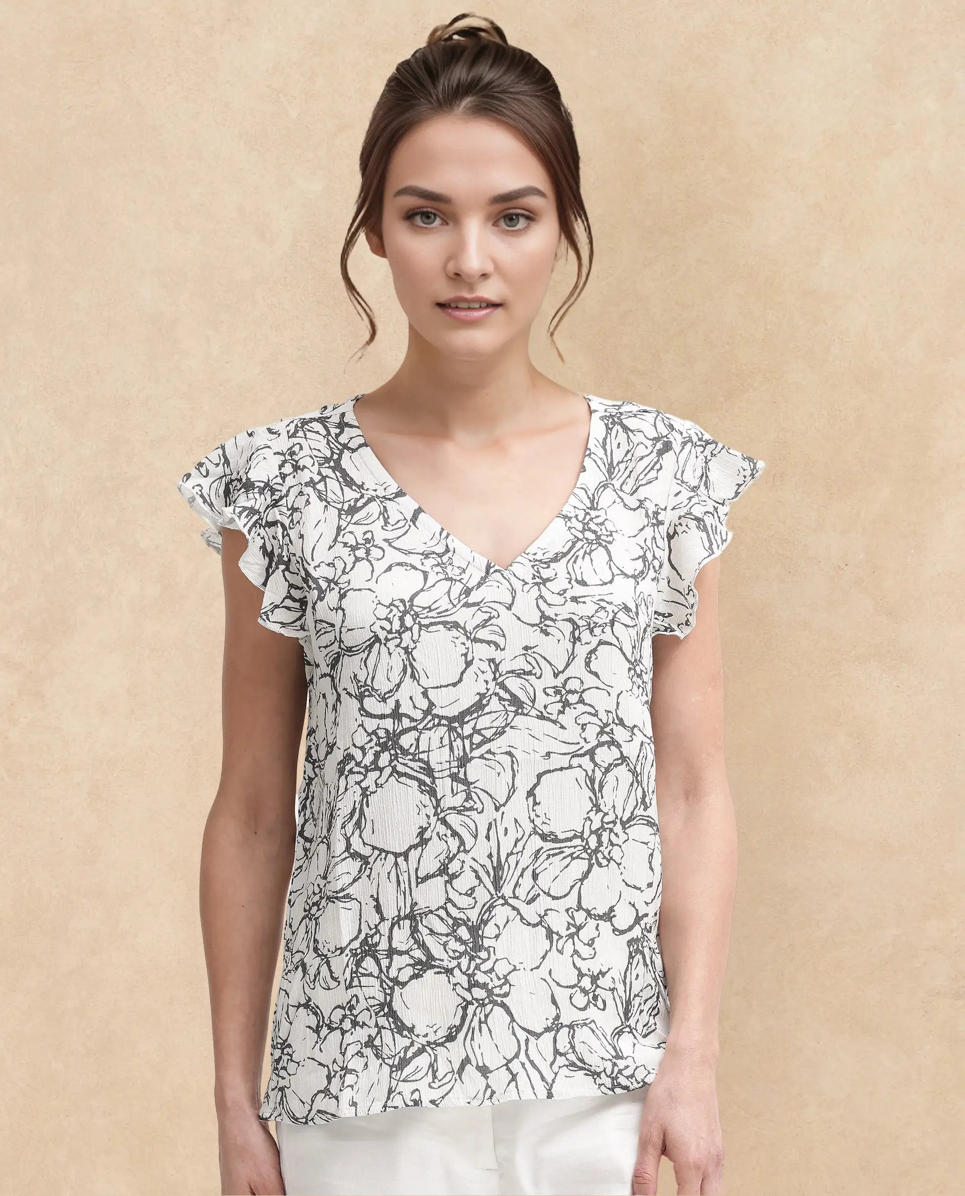 Rareism Women Helene-SC Light Ecru Viscose Ruffled Sleeves V-Neck Abstract Print Top