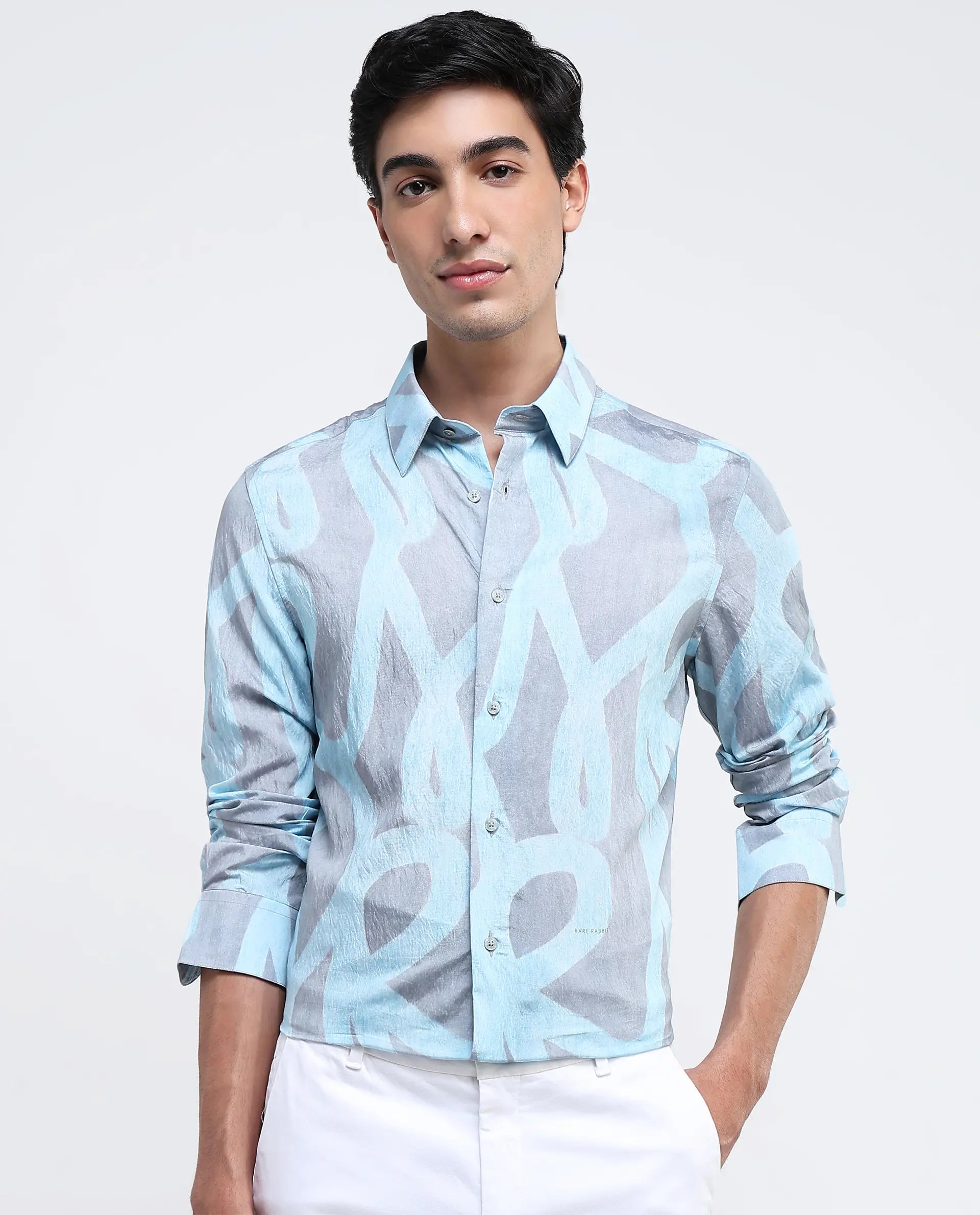 Rare Rabbit Men Helg Pastel Blue Full Sleeve Regular Fit Abstract Print Shirt