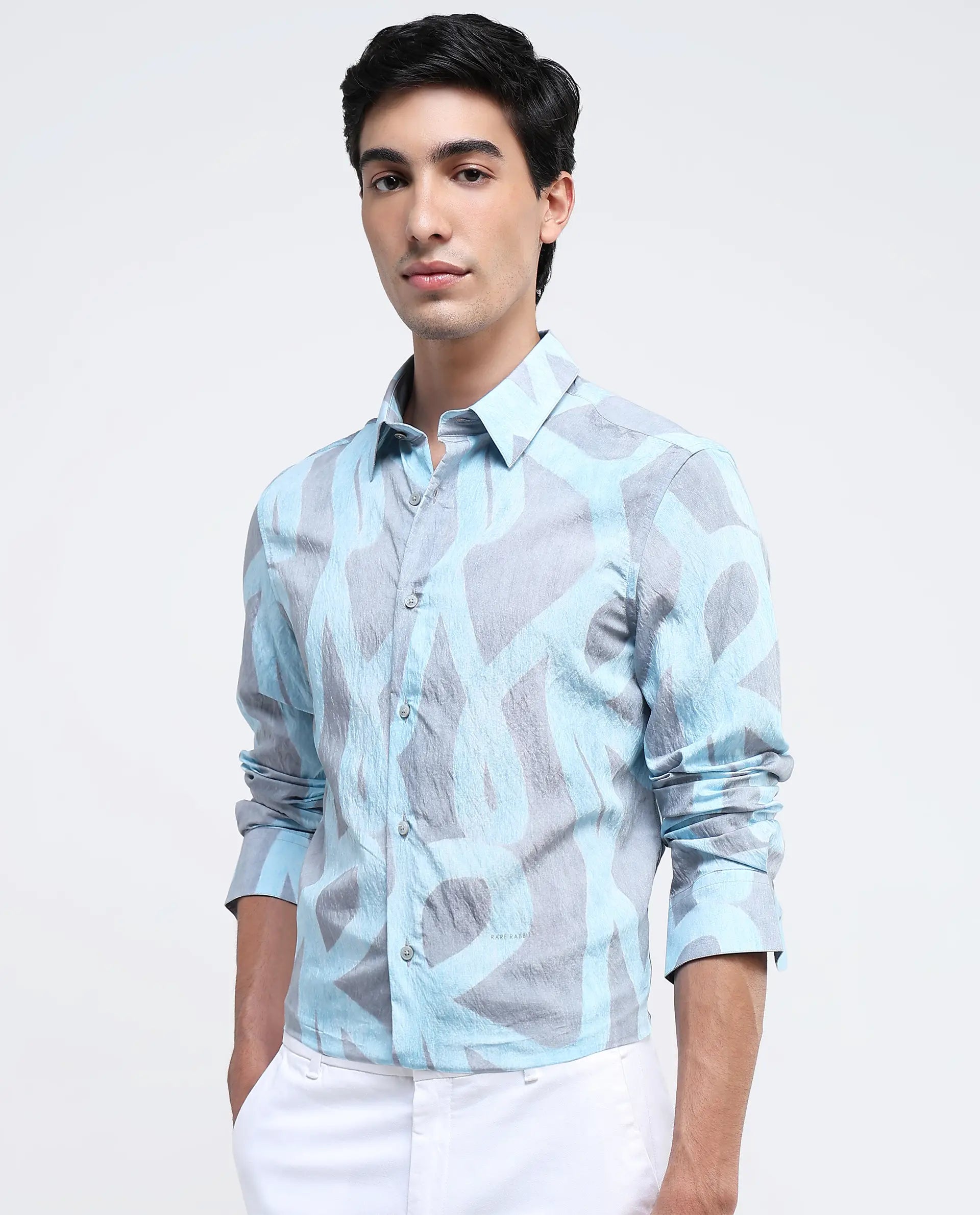 Rare Rabbit Men Helg Pastel Blue Full Sleeve Regular Fit Abstract Print Shirt