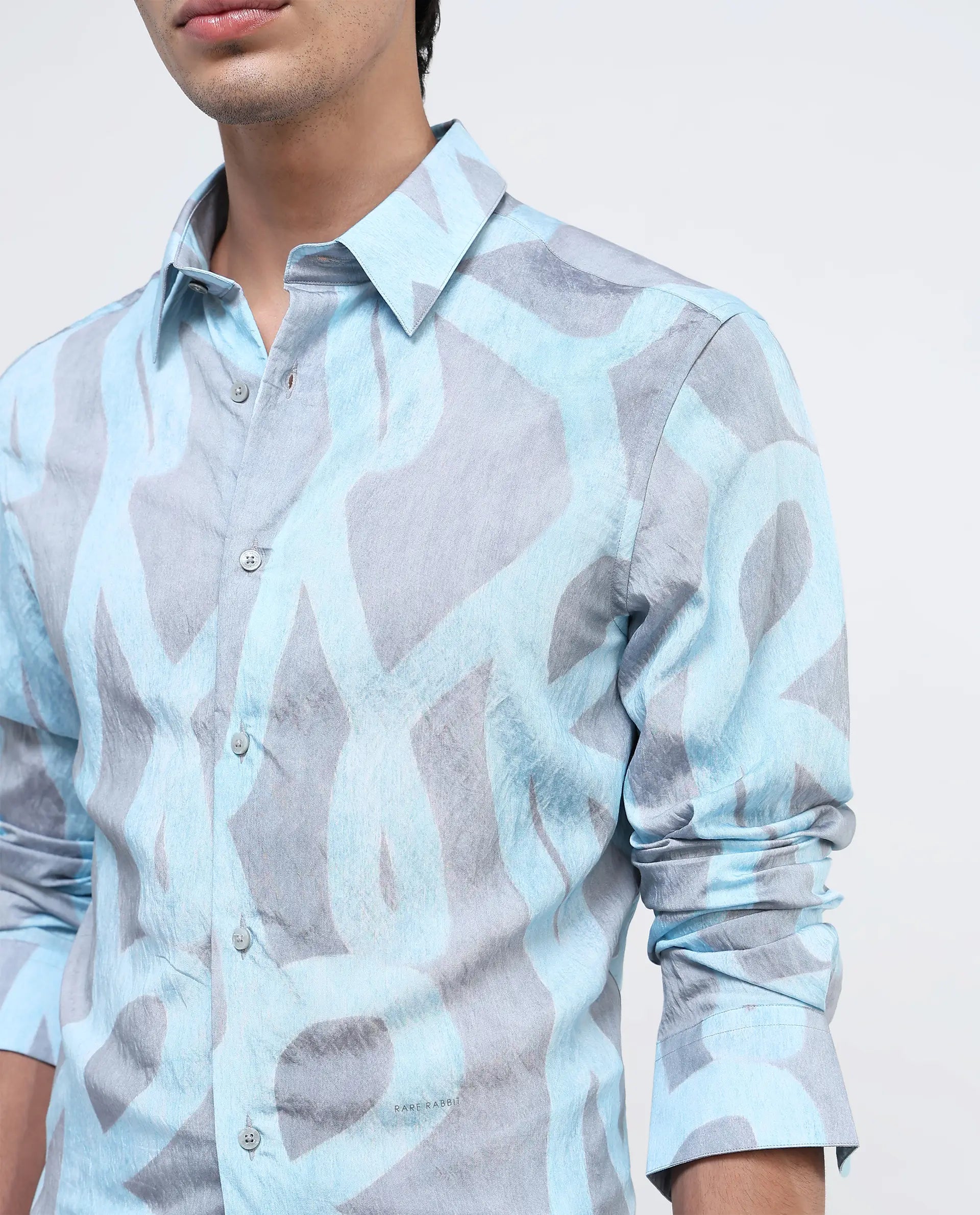 Rare Rabbit Men Helg Pastel Blue Full Sleeve Regular Fit Abstract Print Shirt