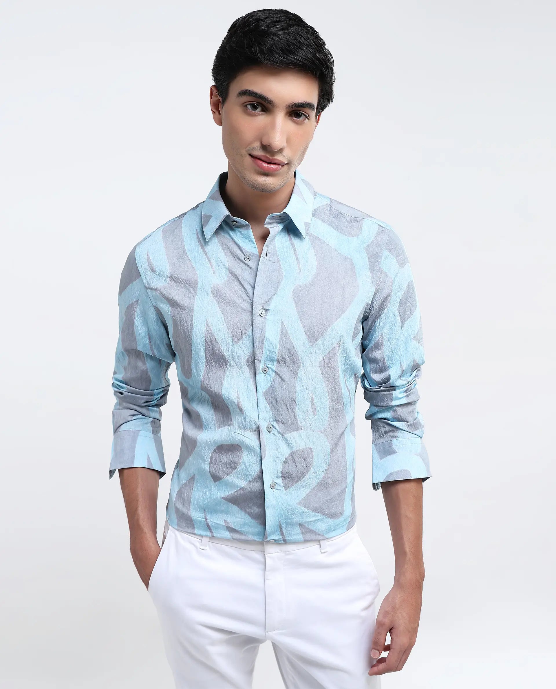 Rare Rabbit Men Helg Pastel Blue Full Sleeve Regular Fit Abstract Print Shirt