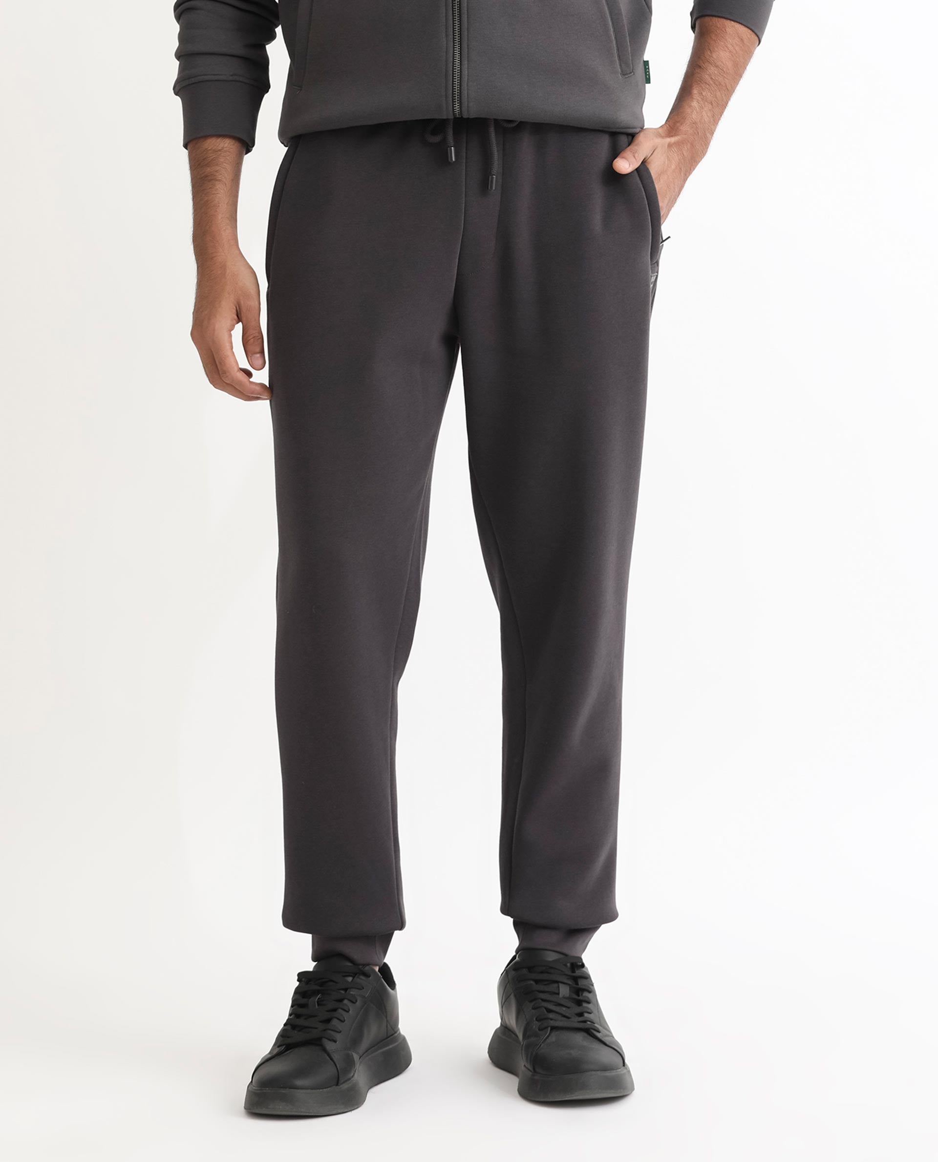 Rare Rabbit Men's Helna Dark Grey Cotton Polyester Fabric Drawstring Closure Regular Fit Mid Rise Trackpant