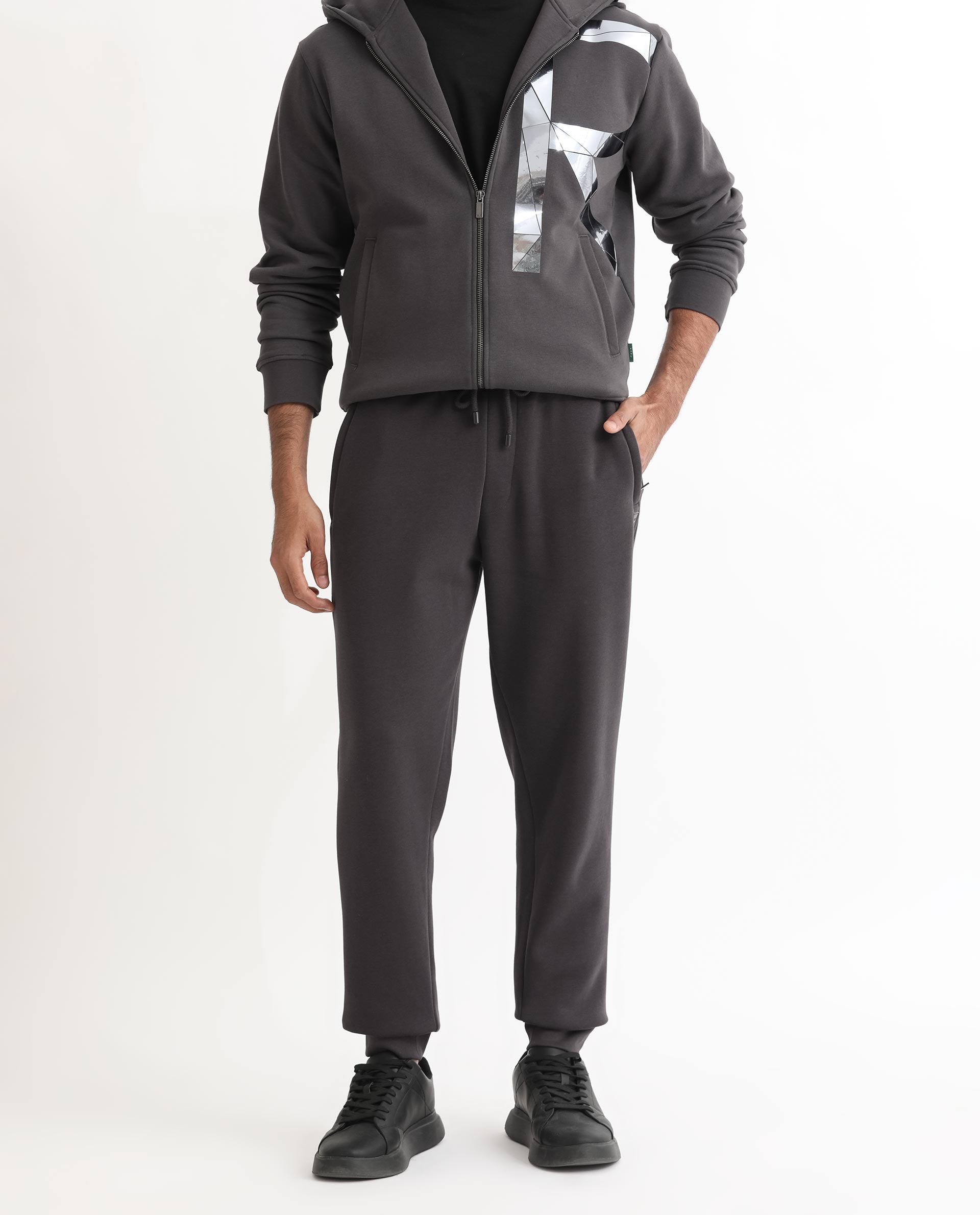 Rare Rabbit Men's Helna Dark Grey Cotton Polyester Fabric Drawstring Closure Regular Fit Mid Rise Trackpant