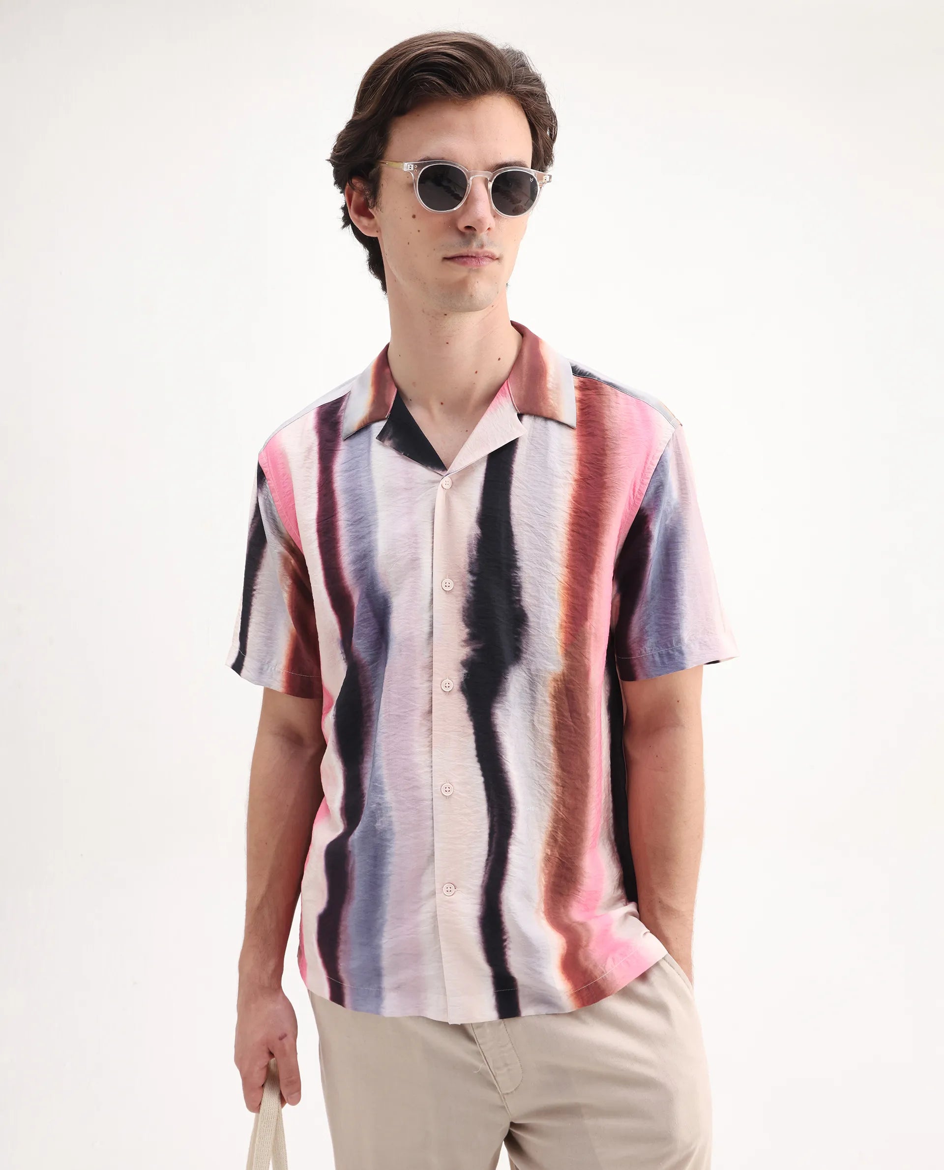 Rare Rabbit Men's Helor Multi Viscose Blend Abstract Print Relaxed Fit Half Sleeve Cuban Collar Shirt