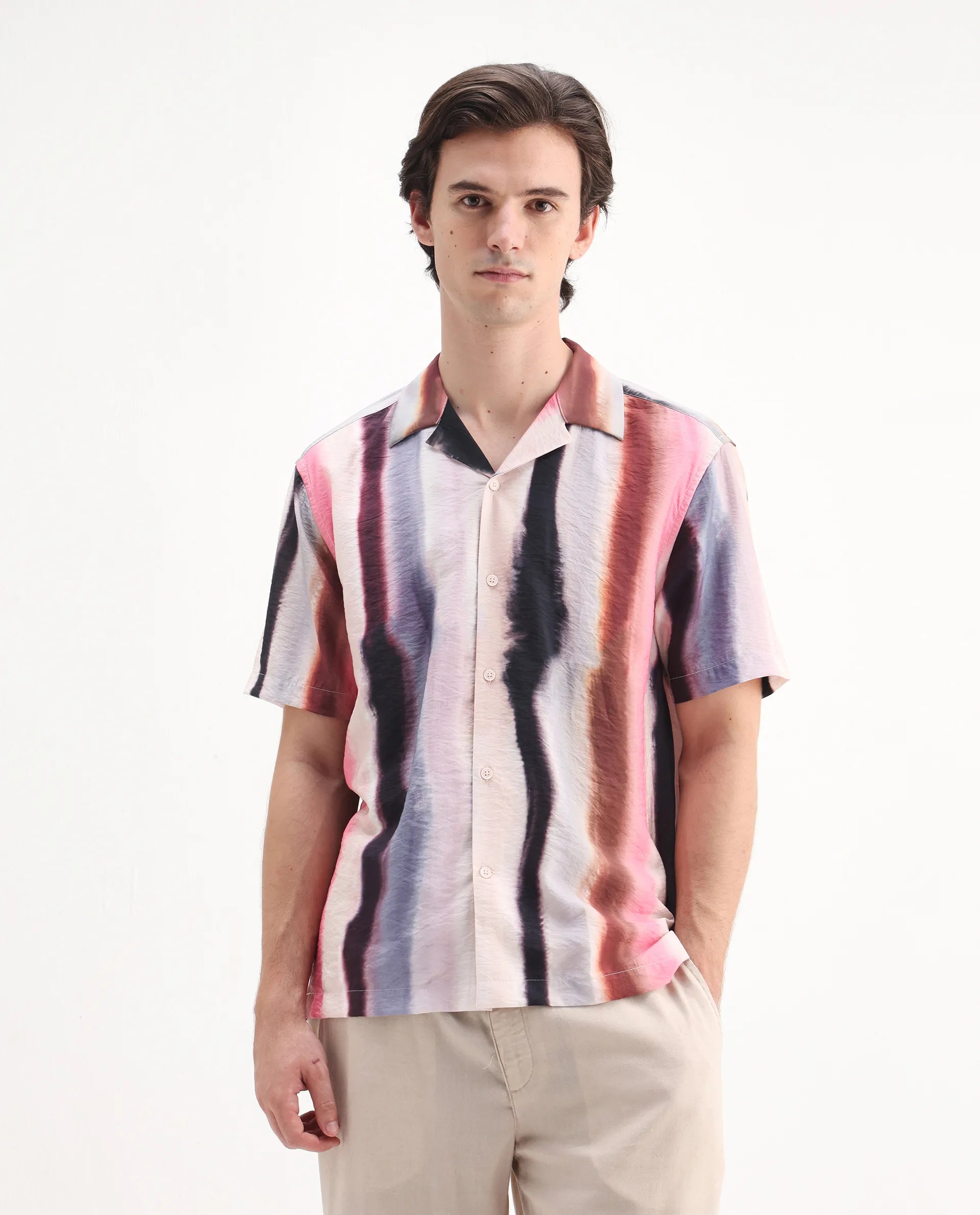 Rare Rabbit Men's Helor Multi Viscose Blend Abstract Print Relaxed Fit Half Sleeve Cuban Collar Shirt