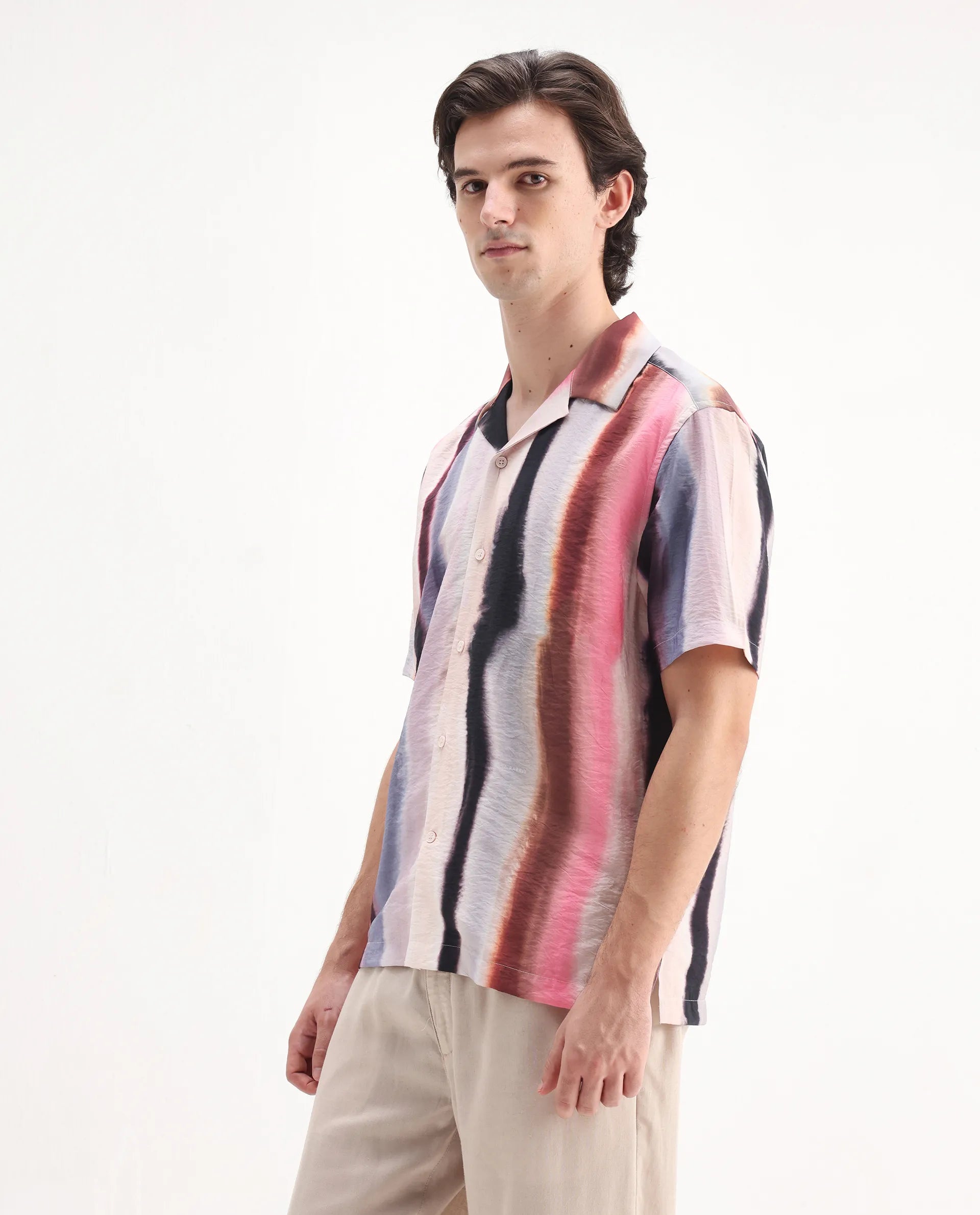 Rare Rabbit Men's Helor Multi Viscose Blend Abstract Print Relaxed Fit Half Sleeve Cuban Collar Shirt