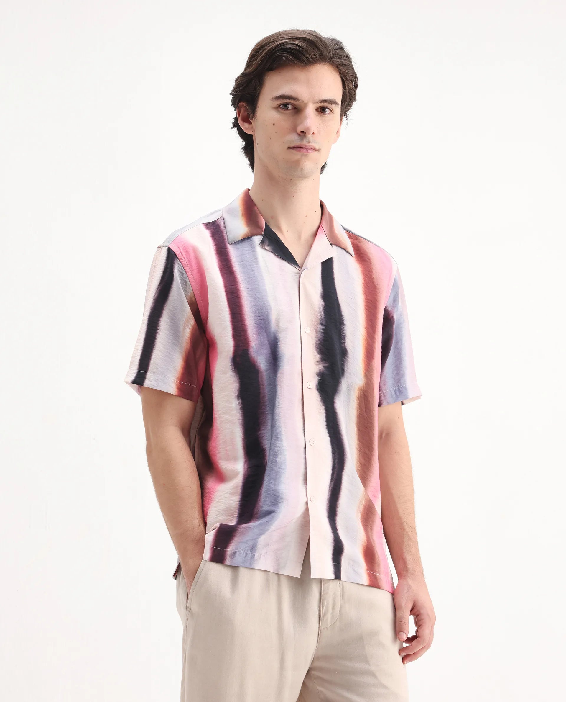 Rare Rabbit Men's Helor Multi Viscose Blend Abstract Print Relaxed Fit Half Sleeve Cuban Collar Shirt