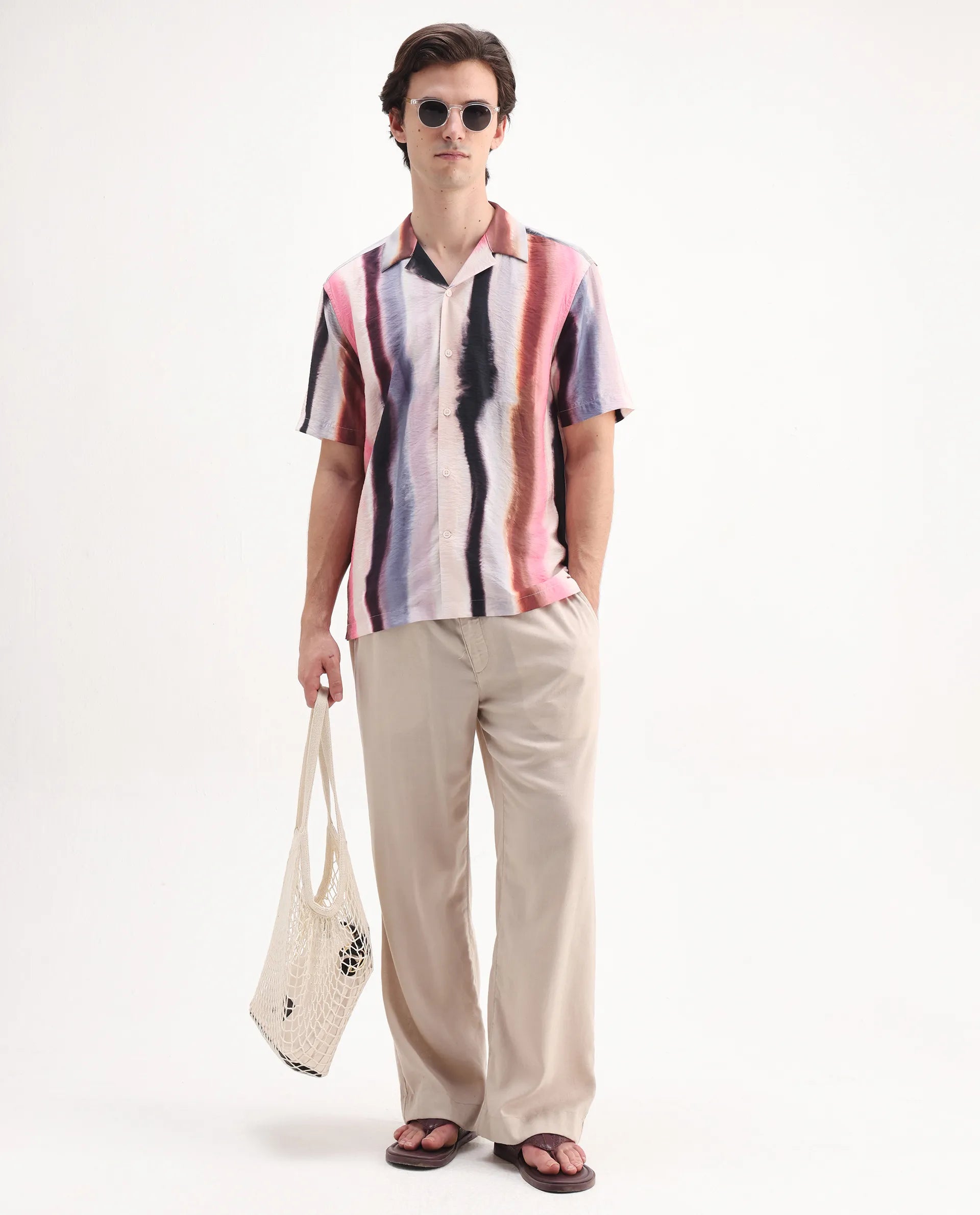 Rare Rabbit Men's Helor Multi Viscose Blend Abstract Print Relaxed Fit Half Sleeve Cuban Collar Shirt