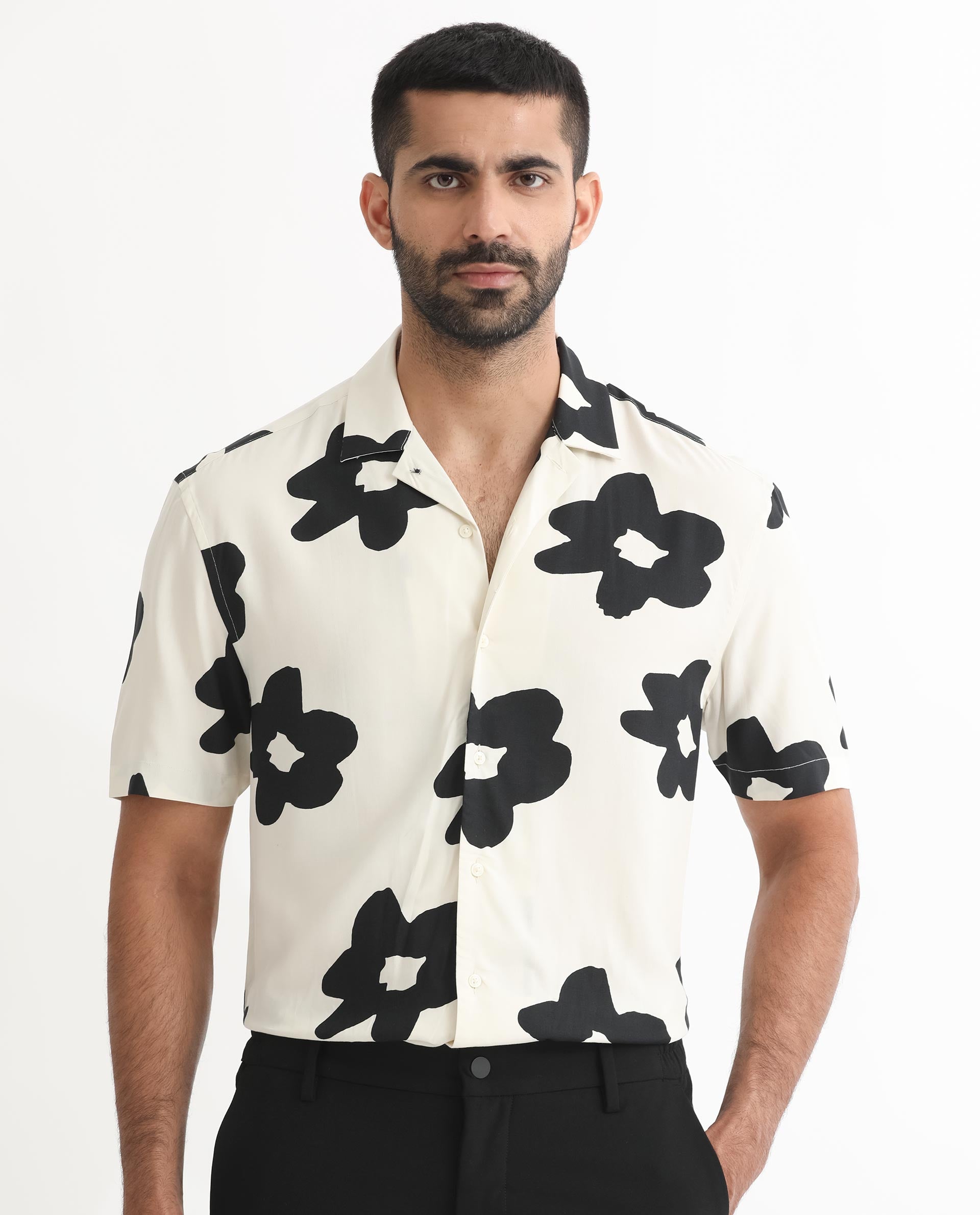 Rare Rabbit Men's Heming Beige Viscose Fabric Floral Print Half Sleeves Shirt